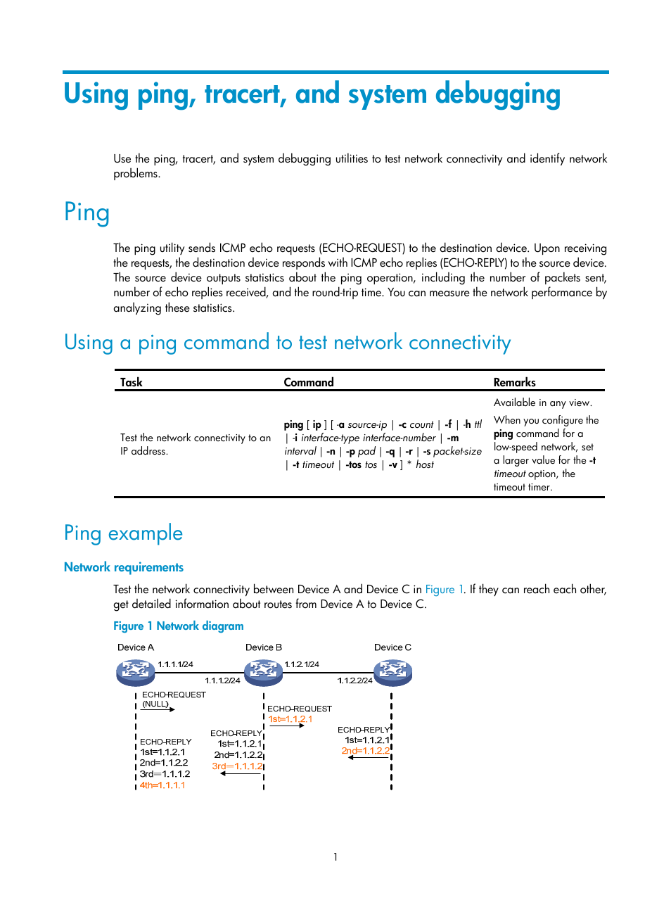 Using ping, tracert, and system debugging, Ping, Using a ping command to test network connectivity | Ping example, Network requirements | H3C Technologies H3C WX5500E Series Access Controllers User Manual | Page 9 / 104