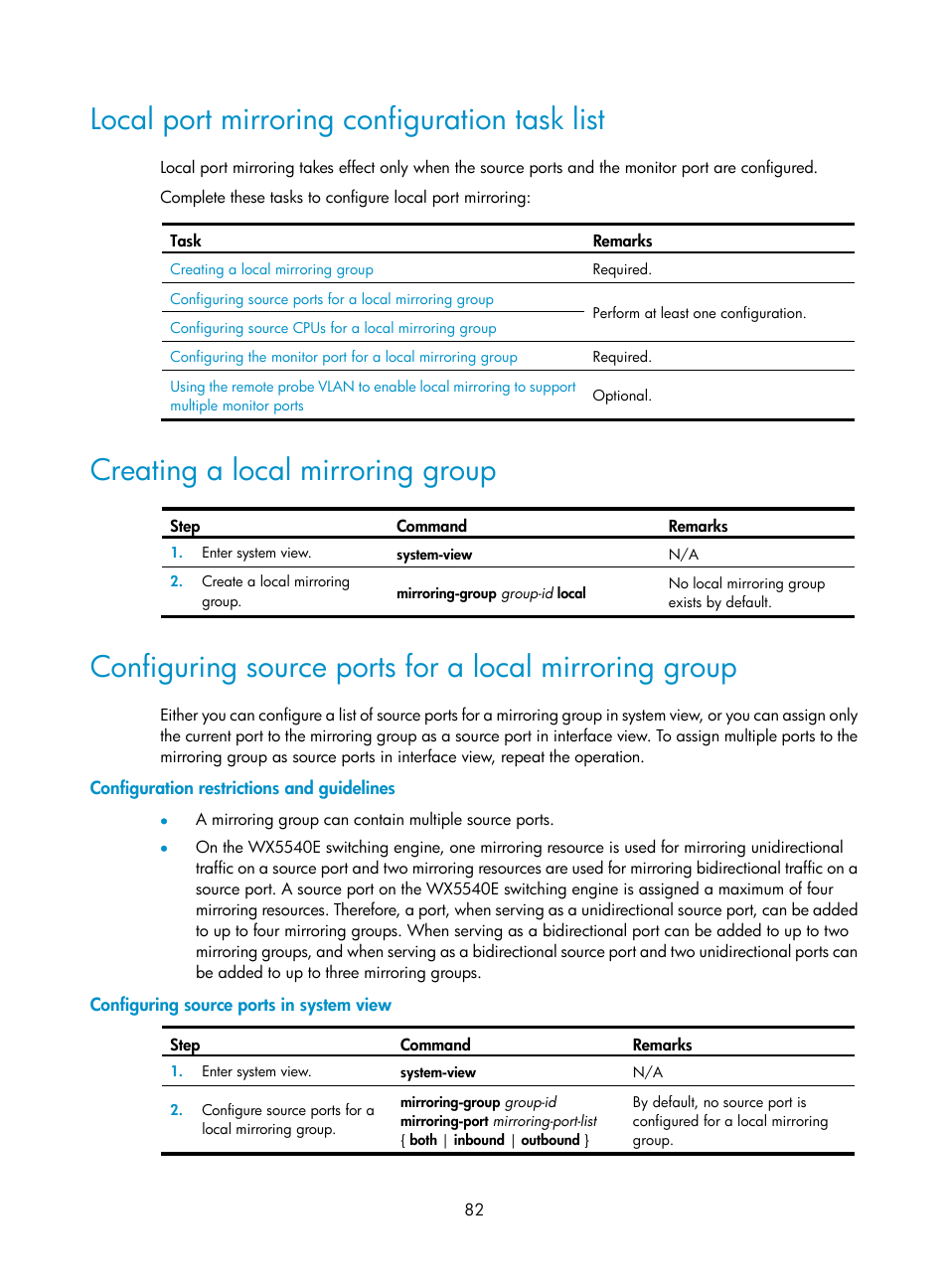 Local port mirroring configuration task list, Creating a local mirroring group, Configuration restrictions and guidelines | Configuring source ports in system view | H3C Technologies H3C WX5500E Series Access Controllers User Manual | Page 90 / 104