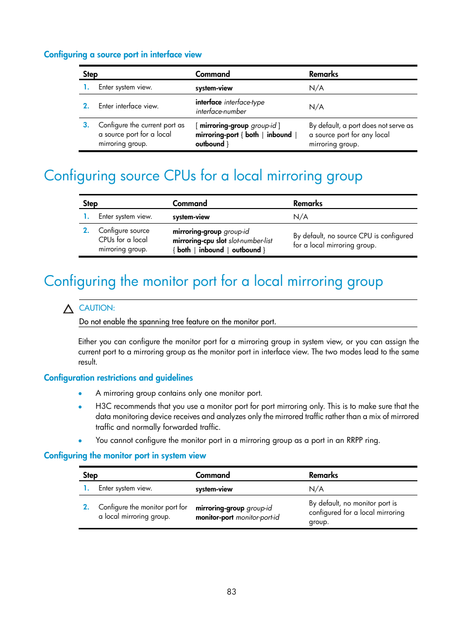 Configuring a source port in interface view, Configuration restrictions and guidelines, Configuring the monitor port in system view | H3C Technologies H3C WX5500E Series Access Controllers User Manual | Page 91 / 104