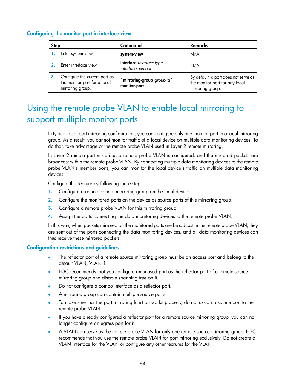 Configuring the monitor port in interface view, Configuration restrictions and guidelines | H3C Technologies H3C WX5500E Series Access Controllers User Manual | Page 92 / 104