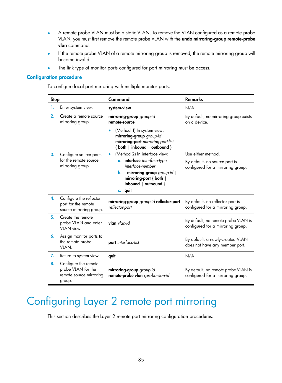 Configuration procedure, Configuring layer 2 remote port mirroring | H3C Technologies H3C WX5500E Series Access Controllers User Manual | Page 93 / 104