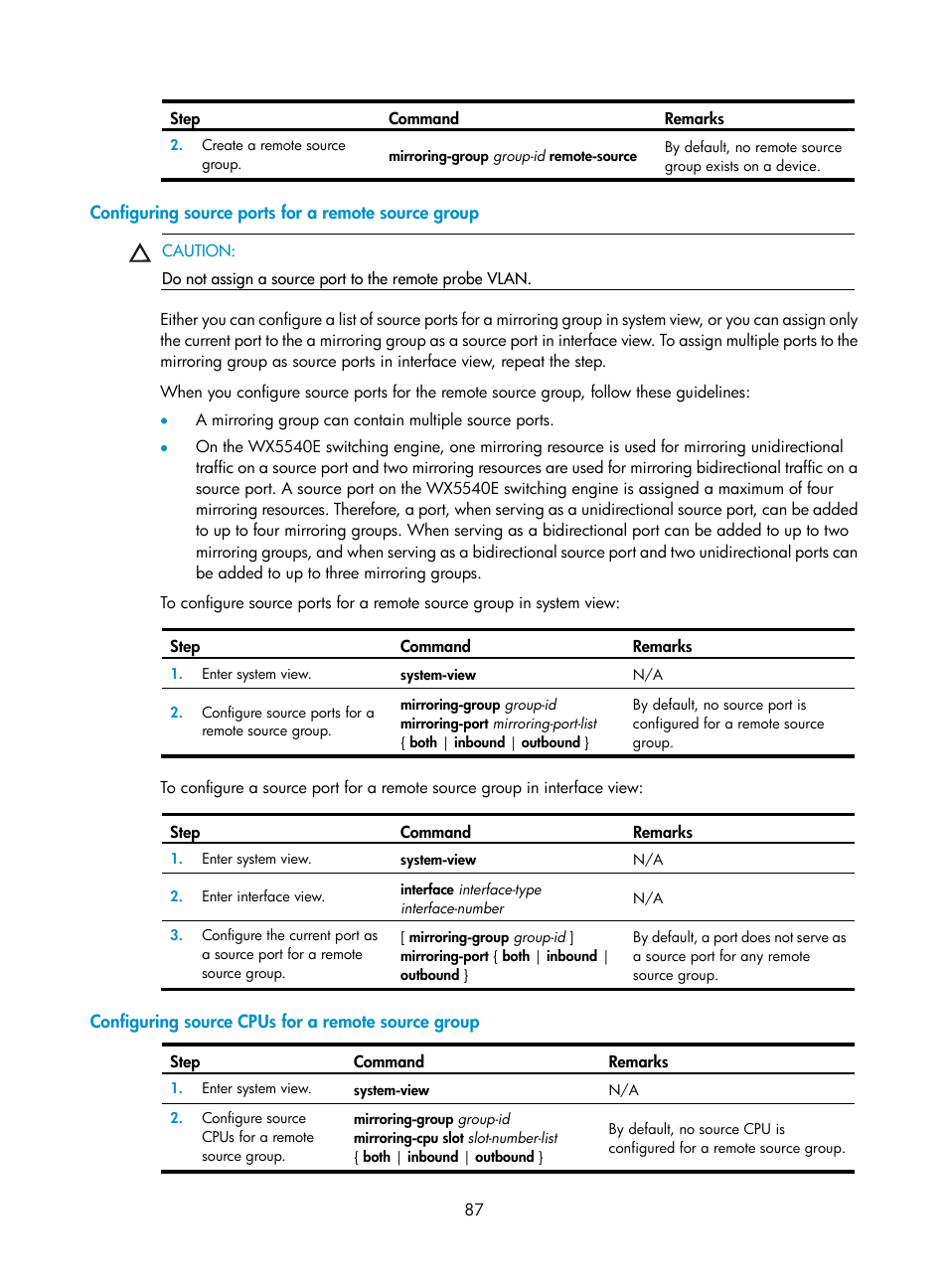 Configuring source ports for a remote source group, Configuring source cpus for a remote source group | H3C Technologies H3C WX5500E Series Access Controllers User Manual | Page 95 / 104