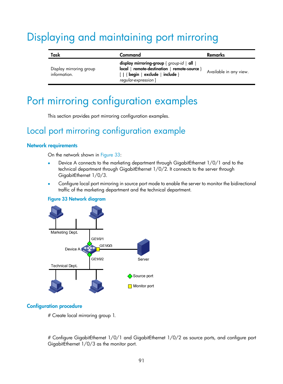 Displaying and maintaining port mirroring, Port mirroring configuration examples, Local port mirroring configuration example | Network requirements, Configuration procedure | H3C Technologies H3C WX5500E Series Access Controllers User Manual | Page 99 / 104