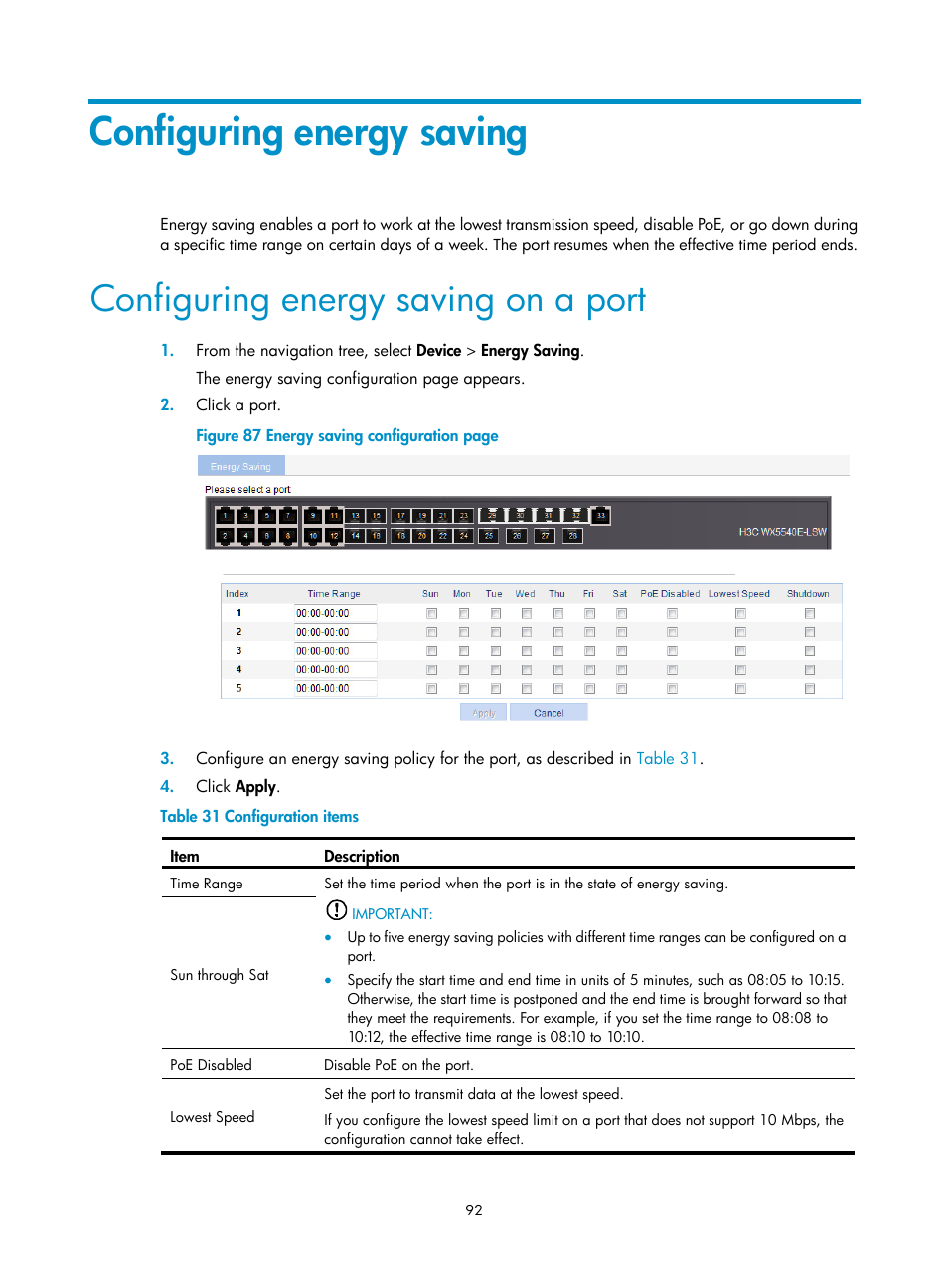 Configuring energy saving, Configuring energy saving on a port | H3C Technologies H3C WX5500E Series Access Controllers User Manual | Page 102 / 254