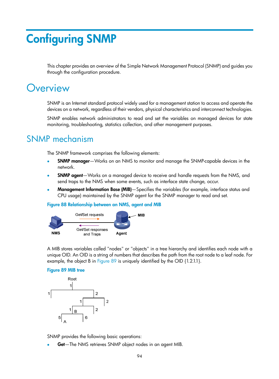 Configuring snmp, Overview, Snmp mechanism | Ation, see "configuring snmp | H3C Technologies H3C WX5500E Series Access Controllers User Manual | Page 104 / 254