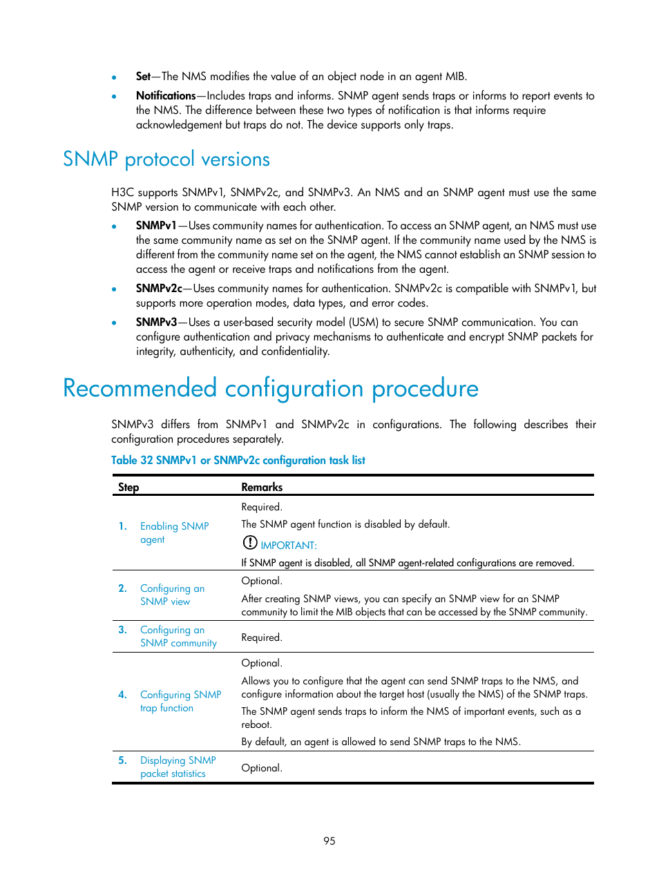 Snmp protocol versions, Recommended configuration procedure | H3C Technologies H3C WX5500E Series Access Controllers User Manual | Page 105 / 254