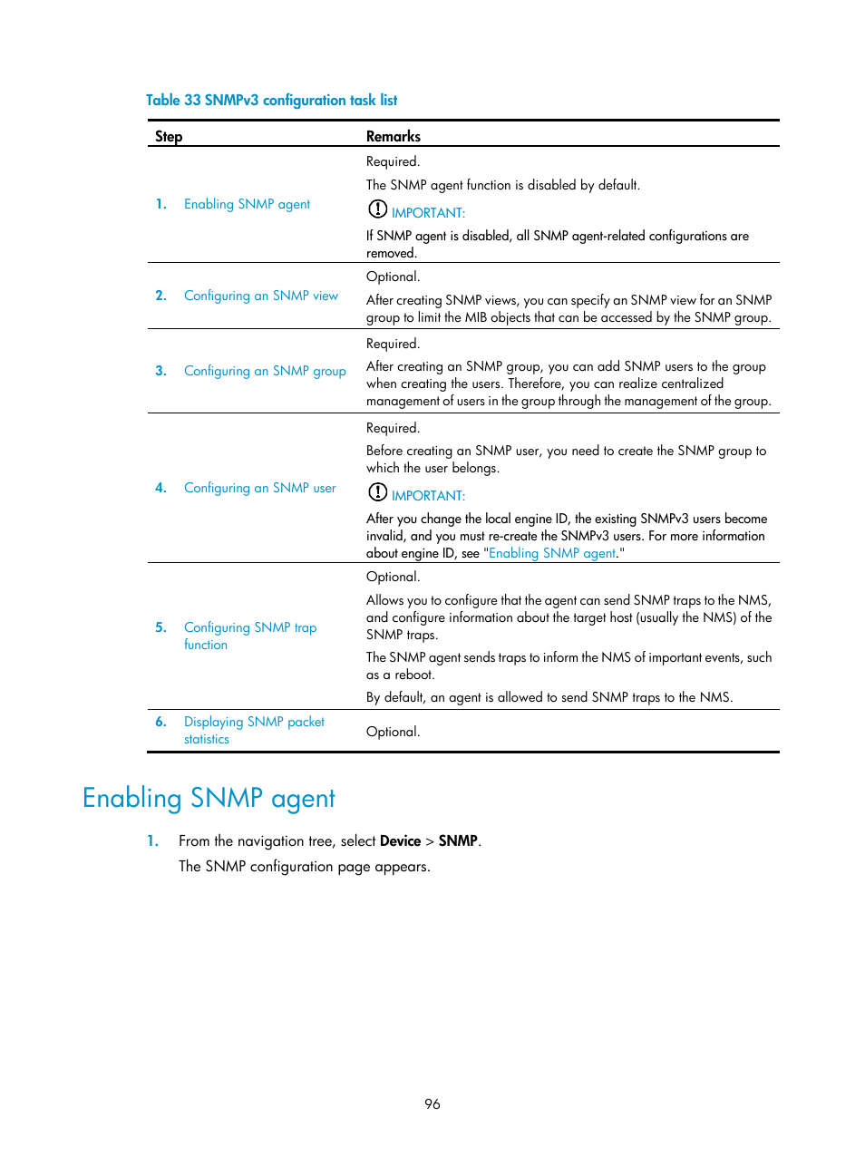 Enabling snmp agent, Enabling snmp, Agent | H3C Technologies H3C WX5500E Series Access Controllers User Manual | Page 106 / 254