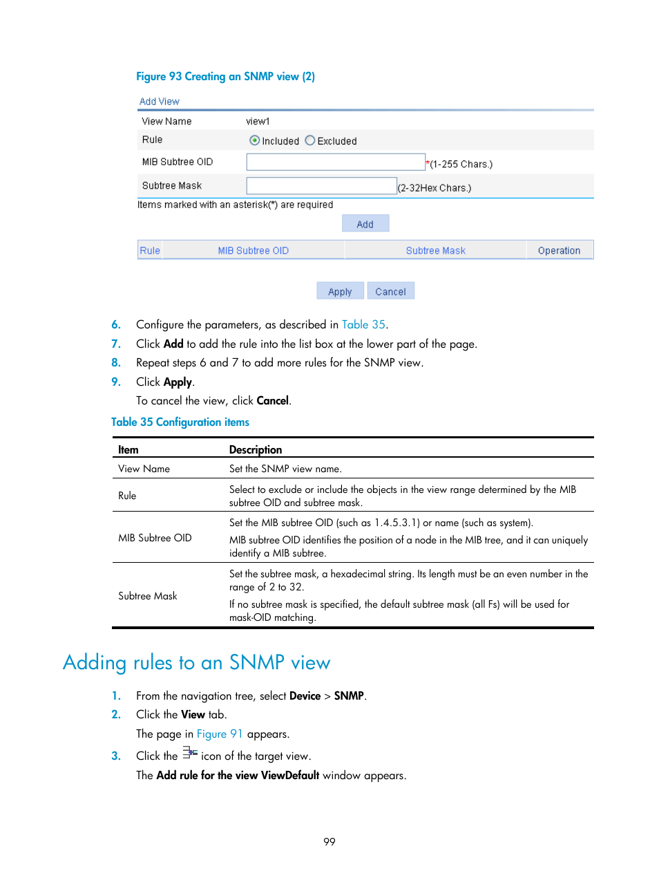 Adding rules to an snmp view | H3C Technologies H3C WX5500E Series Access Controllers User Manual | Page 109 / 254