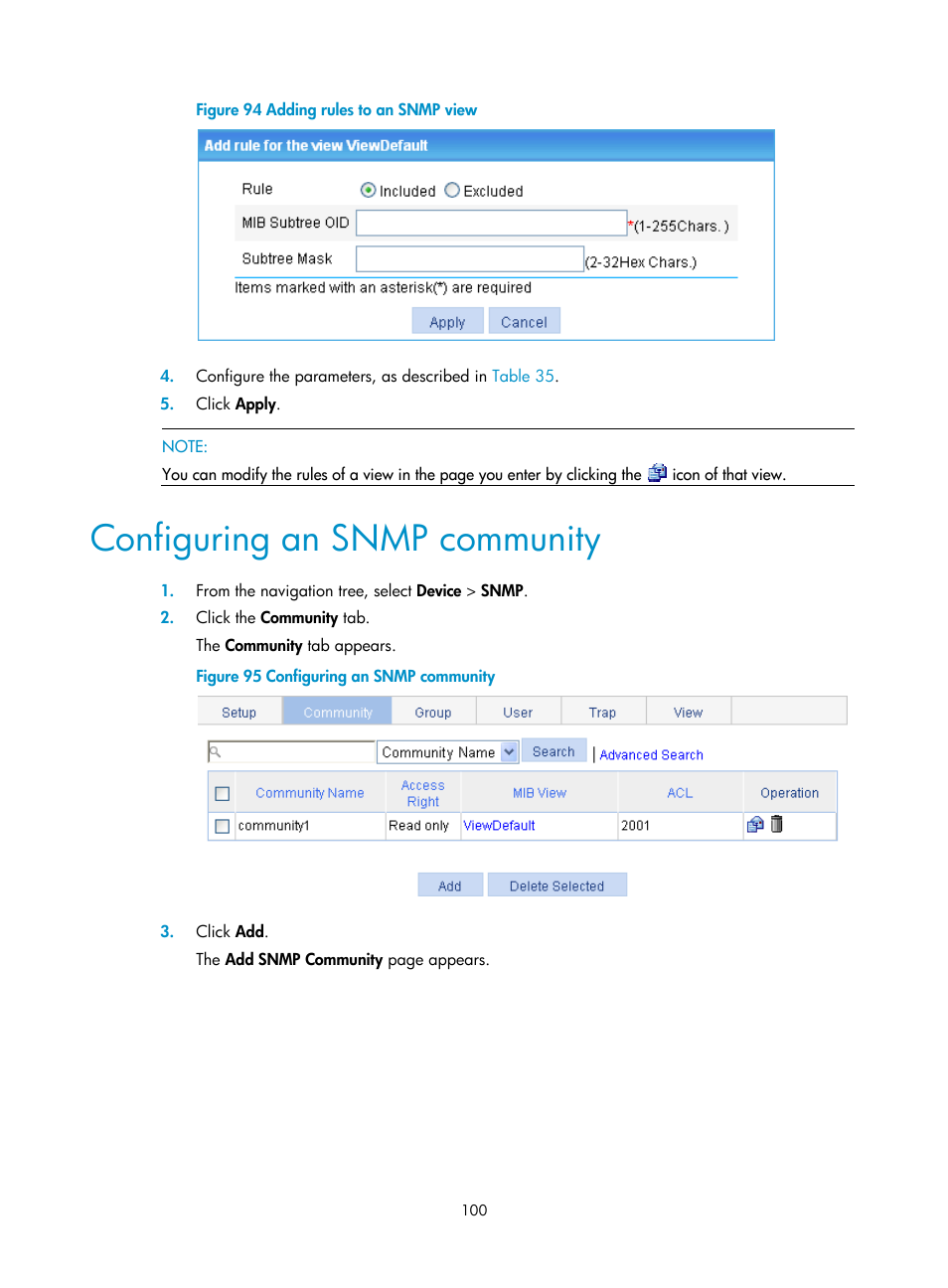 Configuring an snmp community, Configuring an, Snmp community | H3C Technologies H3C WX5500E Series Access Controllers User Manual | Page 110 / 254