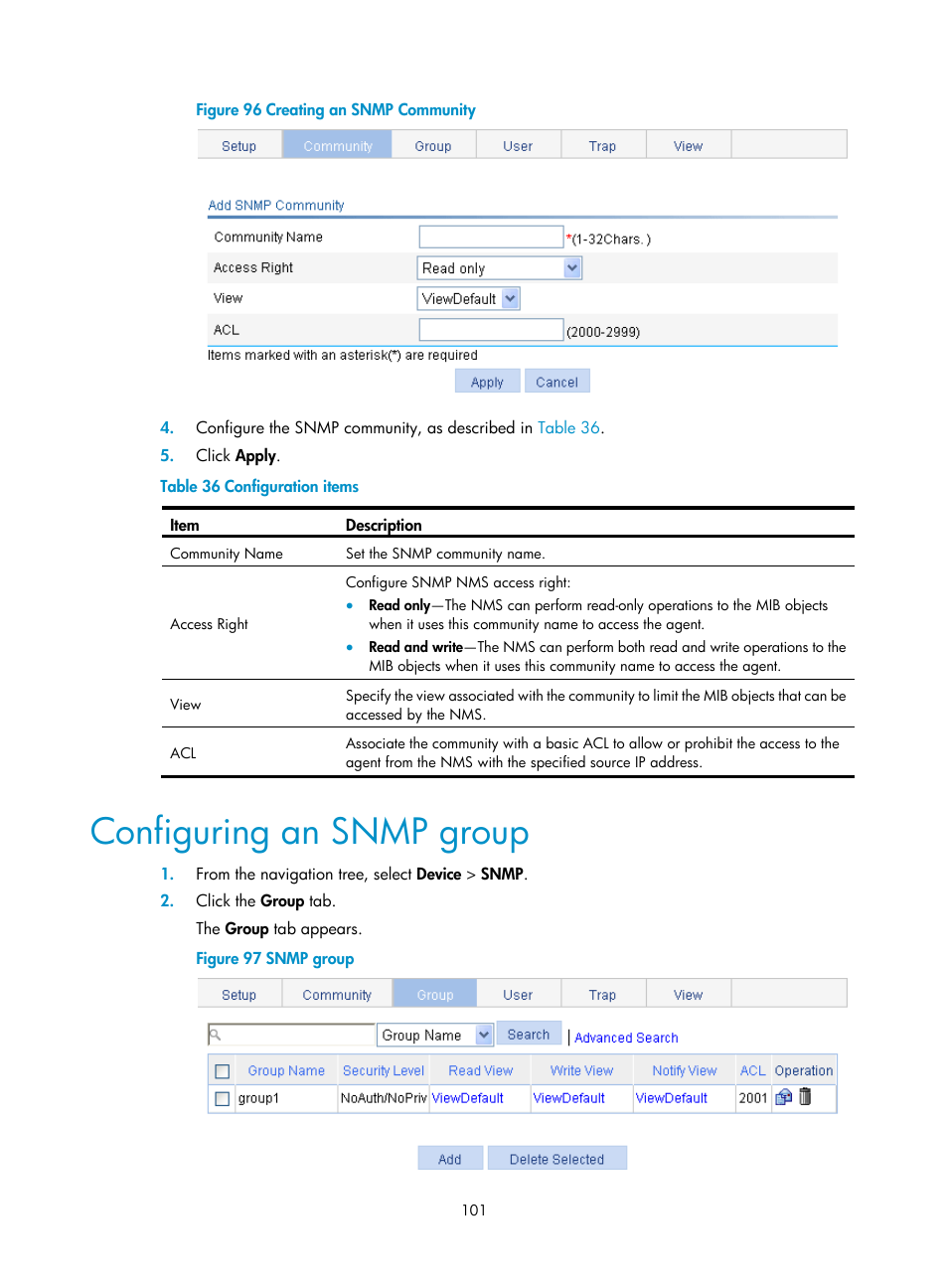 Configuring an snmp group | H3C Technologies H3C WX5500E Series Access Controllers User Manual | Page 111 / 254