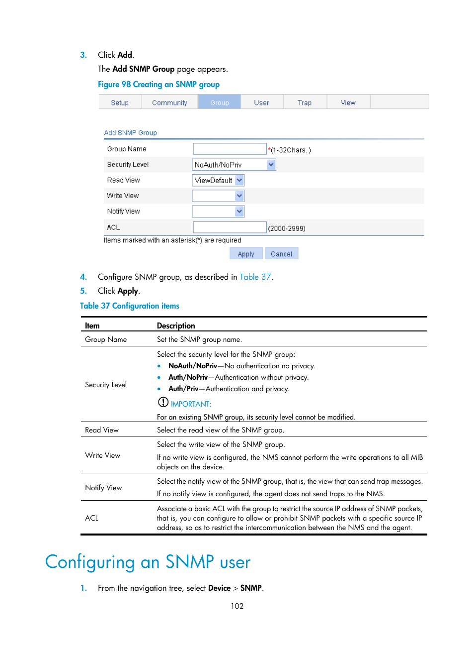 Configuring an snmp user | H3C Technologies H3C WX5500E Series Access Controllers User Manual | Page 112 / 254