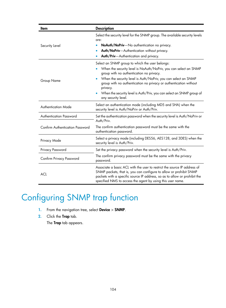 Configuring snmp trap function, Configuring snmp, Trap function | Configuring snmp trap, Function | H3C Technologies H3C WX5500E Series Access Controllers User Manual | Page 114 / 254