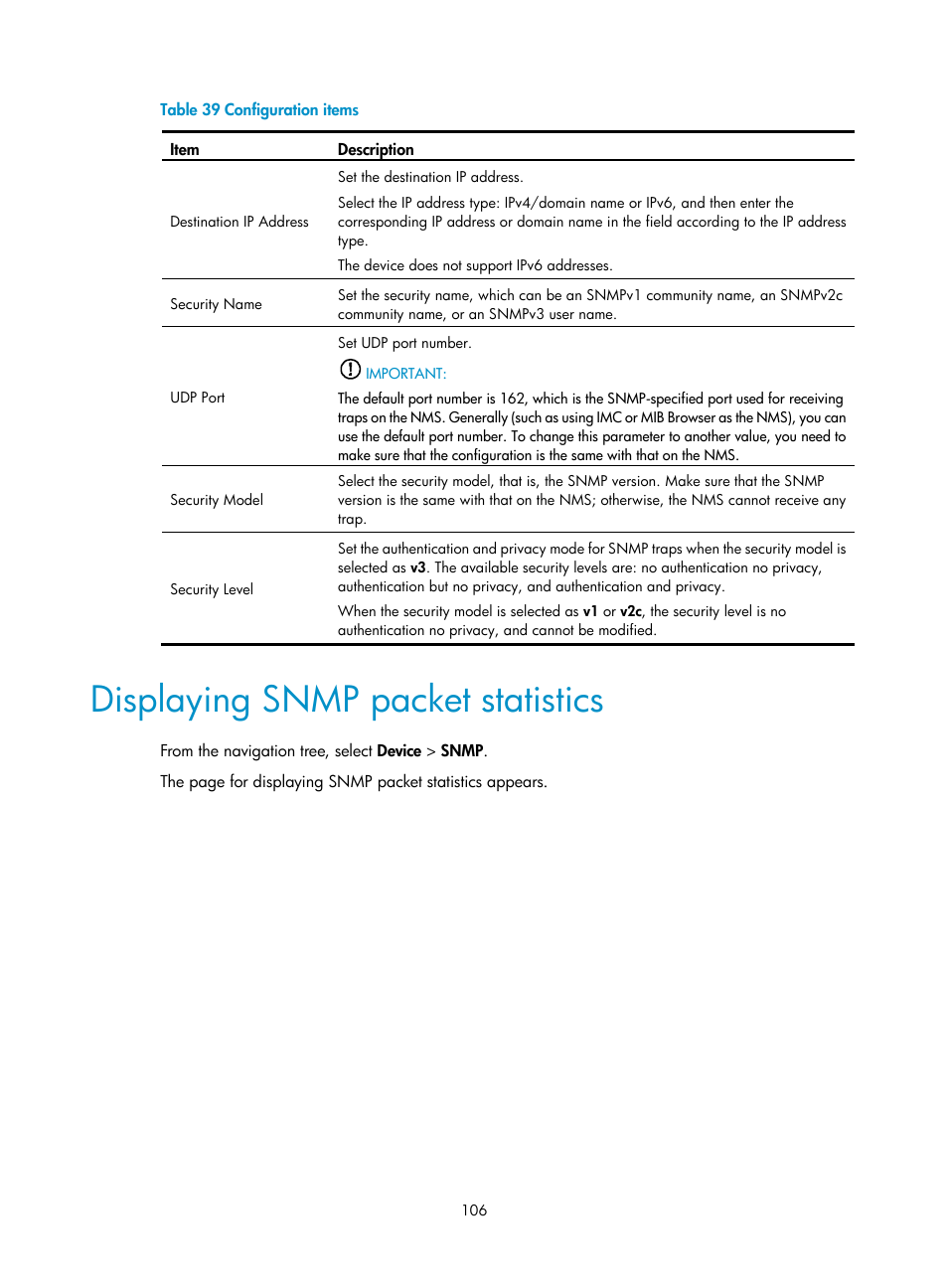 Displaying snmp packet statistics, Displaying snmp, Packet statistics | Displaying snmp packet, Statistics | H3C Technologies H3C WX5500E Series Access Controllers User Manual | Page 116 / 254