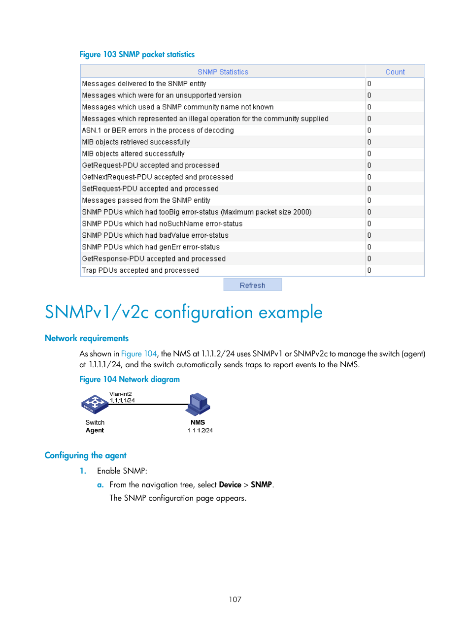 Snmpv1/v2c configuration example, Network requirements, Configuring the agent | H3C Technologies H3C WX5500E Series Access Controllers User Manual | Page 117 / 254