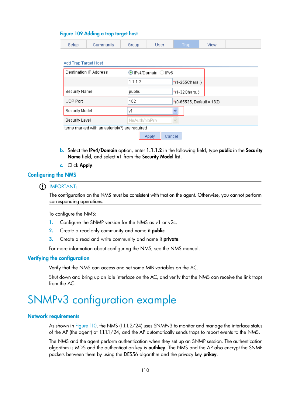 Configuring the nms, Verifying the configuration, Snmpv3 configuration example | Network requirements | H3C Technologies H3C WX5500E Series Access Controllers User Manual | Page 120 / 254