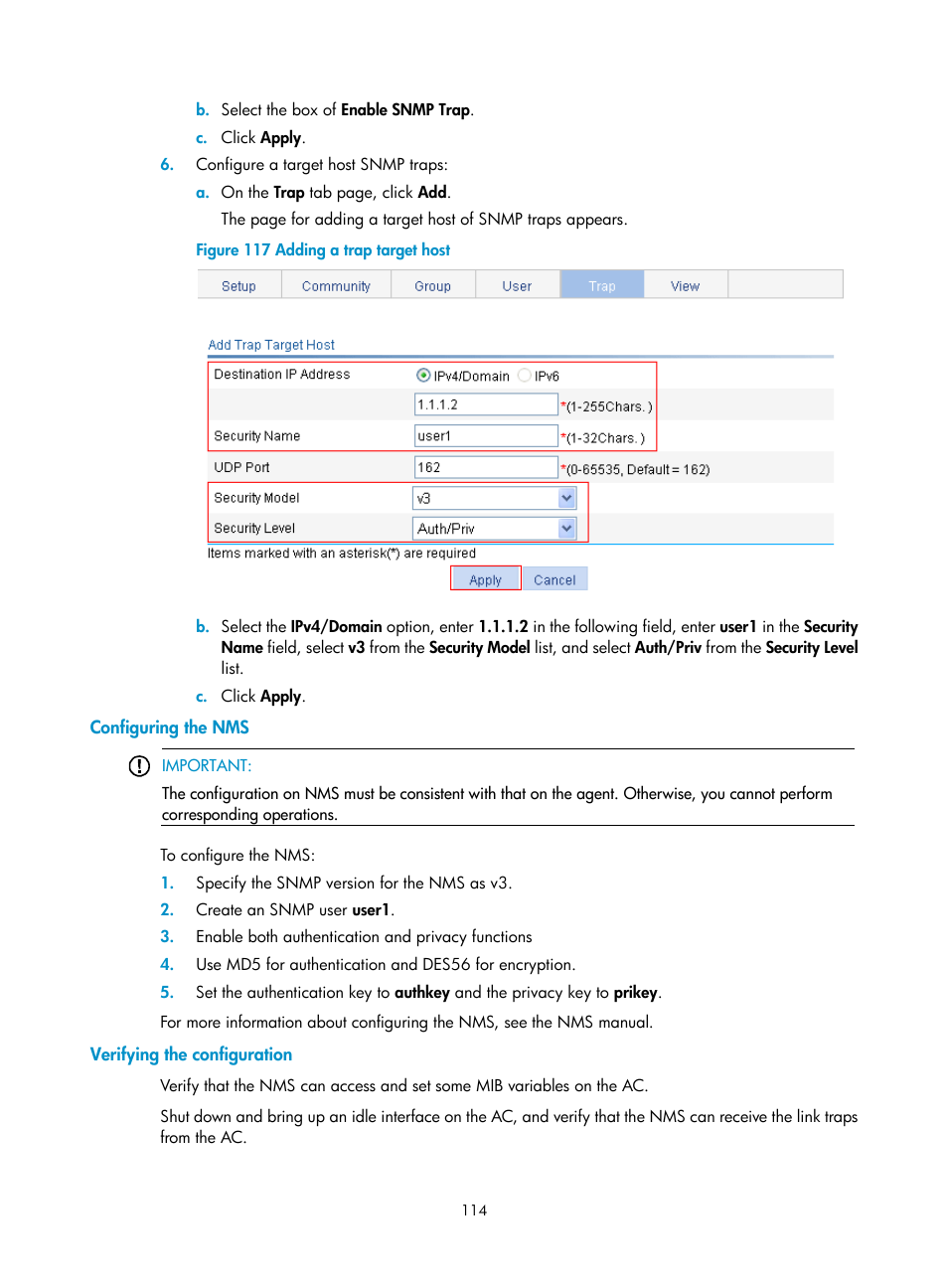 Configuring the nms, Verifying the configuration | H3C Technologies H3C WX5500E Series Access Controllers User Manual | Page 124 / 254