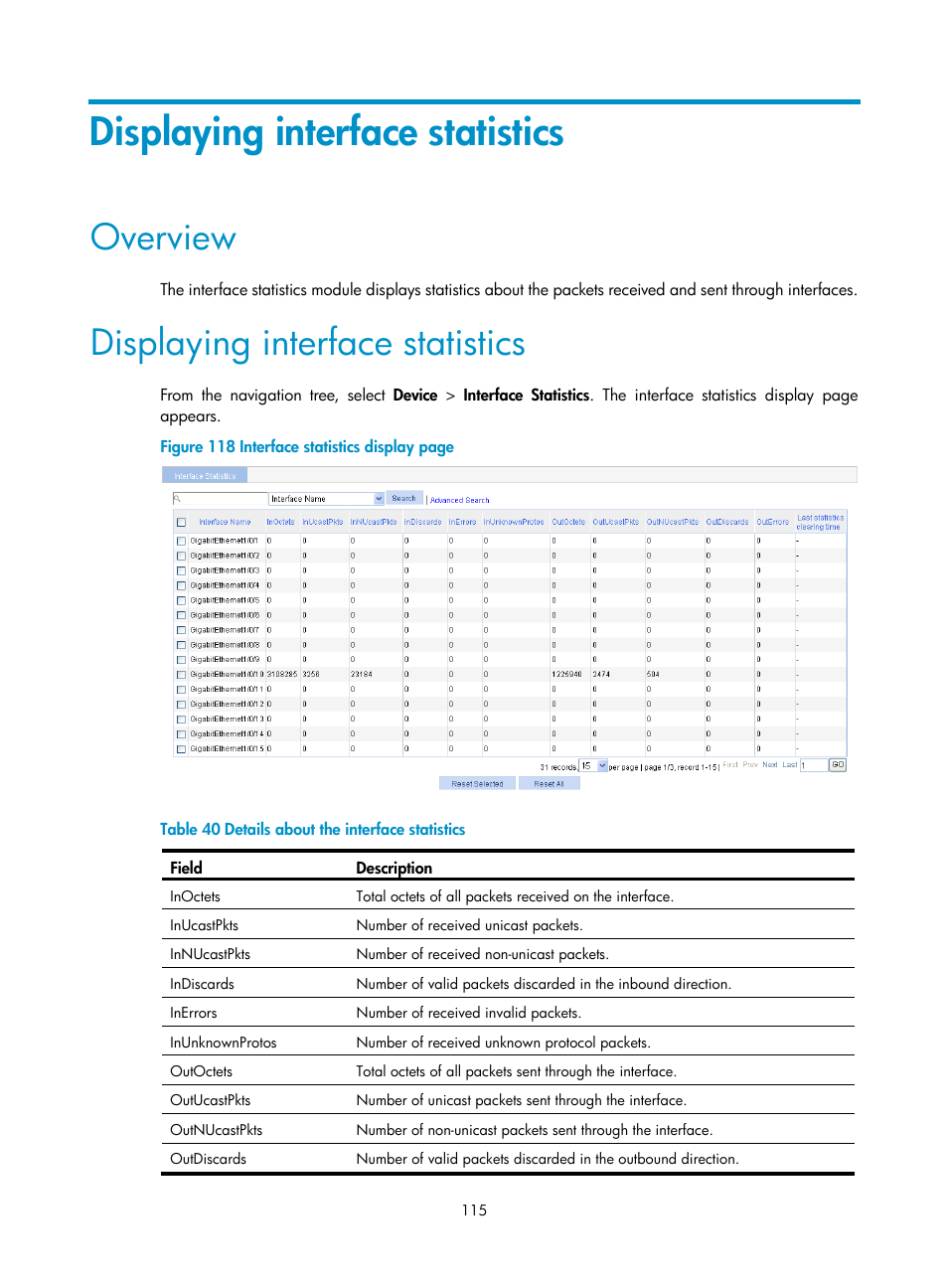 Displaying interface statistics, Overview | H3C Technologies H3C WX5500E Series Access Controllers User Manual | Page 125 / 254