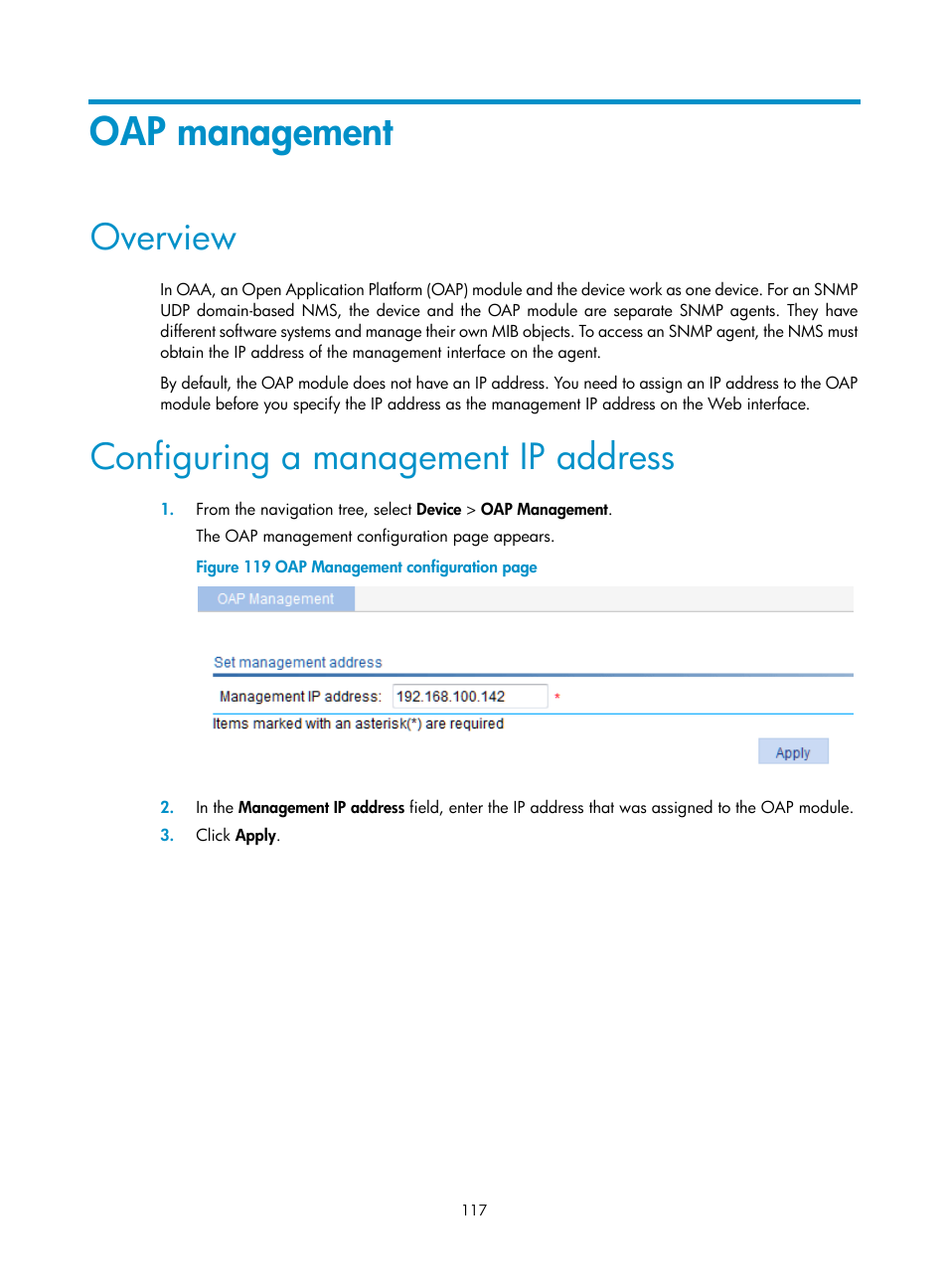 Oap management, Overview, Configuring a management ip address | H3C Technologies H3C WX5500E Series Access Controllers User Manual | Page 127 / 254