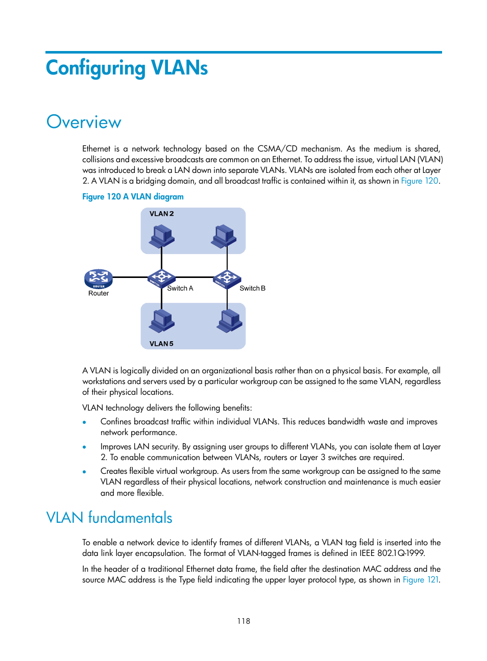 Configuring vlans, Overview, Vlan fundamentals | H3C Technologies H3C WX5500E Series Access Controllers User Manual | Page 128 / 254