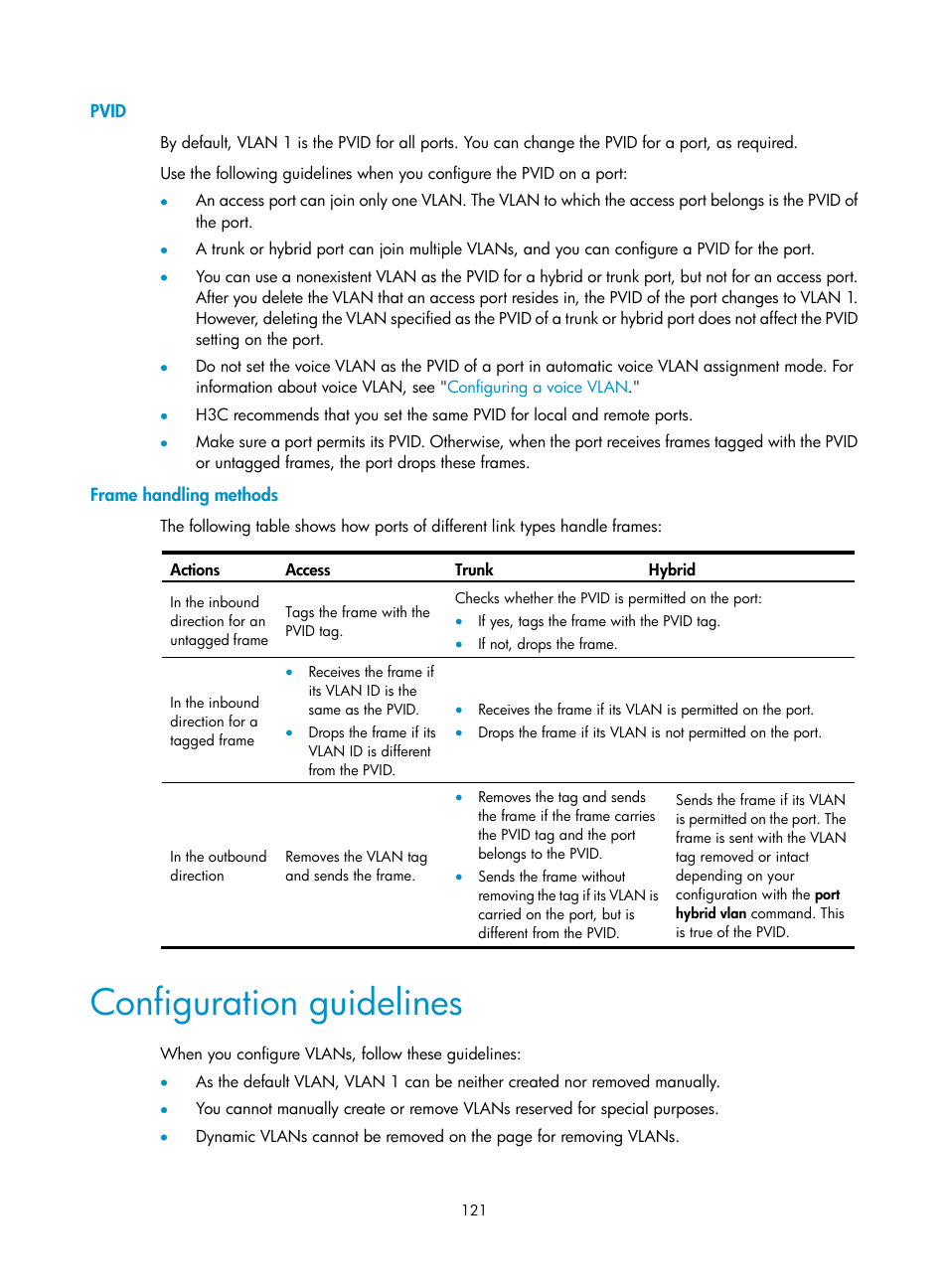 Pvid, Frame handling methods, Configuration guidelines | H3C Technologies H3C WX5500E Series Access Controllers User Manual | Page 131 / 254