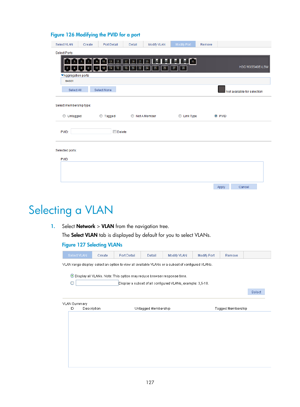 Selecting a vlan | H3C Technologies H3C WX5500E Series Access Controllers User Manual | Page 137 / 254