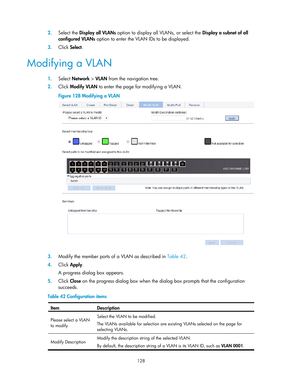Modifying a vlan | H3C Technologies H3C WX5500E Series Access Controllers User Manual | Page 138 / 254