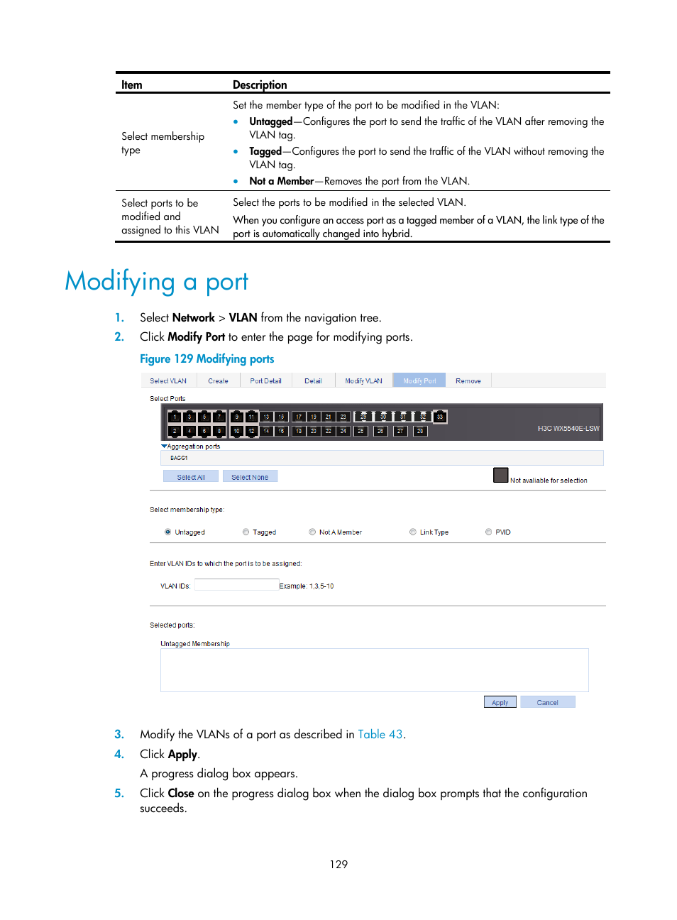 Modifying a port | H3C Technologies H3C WX5500E Series Access Controllers User Manual | Page 139 / 254