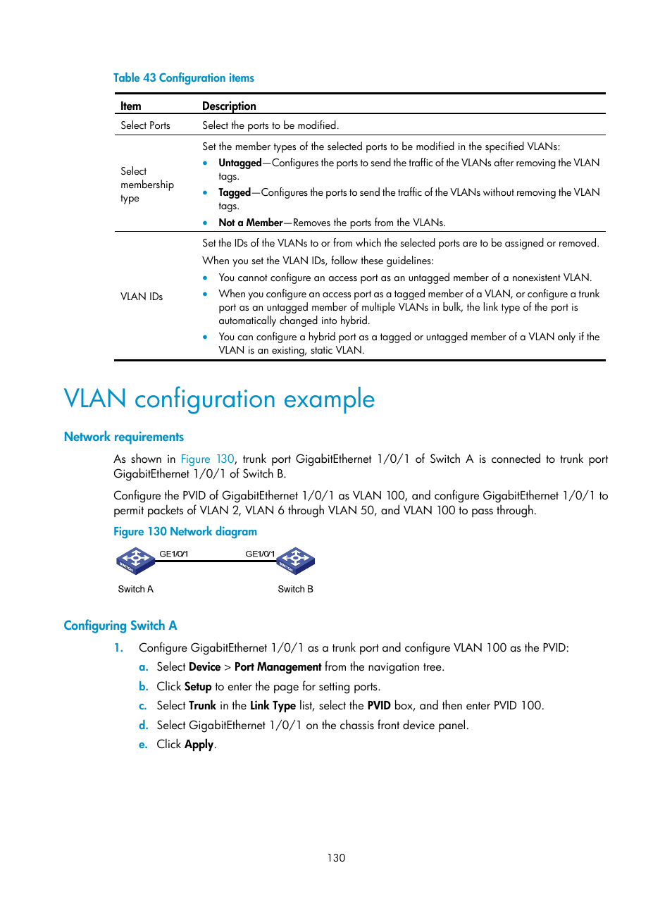 Vlan configuration example, Network requirements, Configuring switch a | H3C Technologies H3C WX5500E Series Access Controllers User Manual | Page 140 / 254