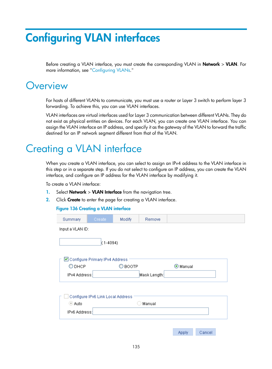 Configuring vlan interfaces, Overview, Creating a vlan interface | Ee "configuring vlan, Interfaces | H3C Technologies H3C WX5500E Series Access Controllers User Manual | Page 145 / 254