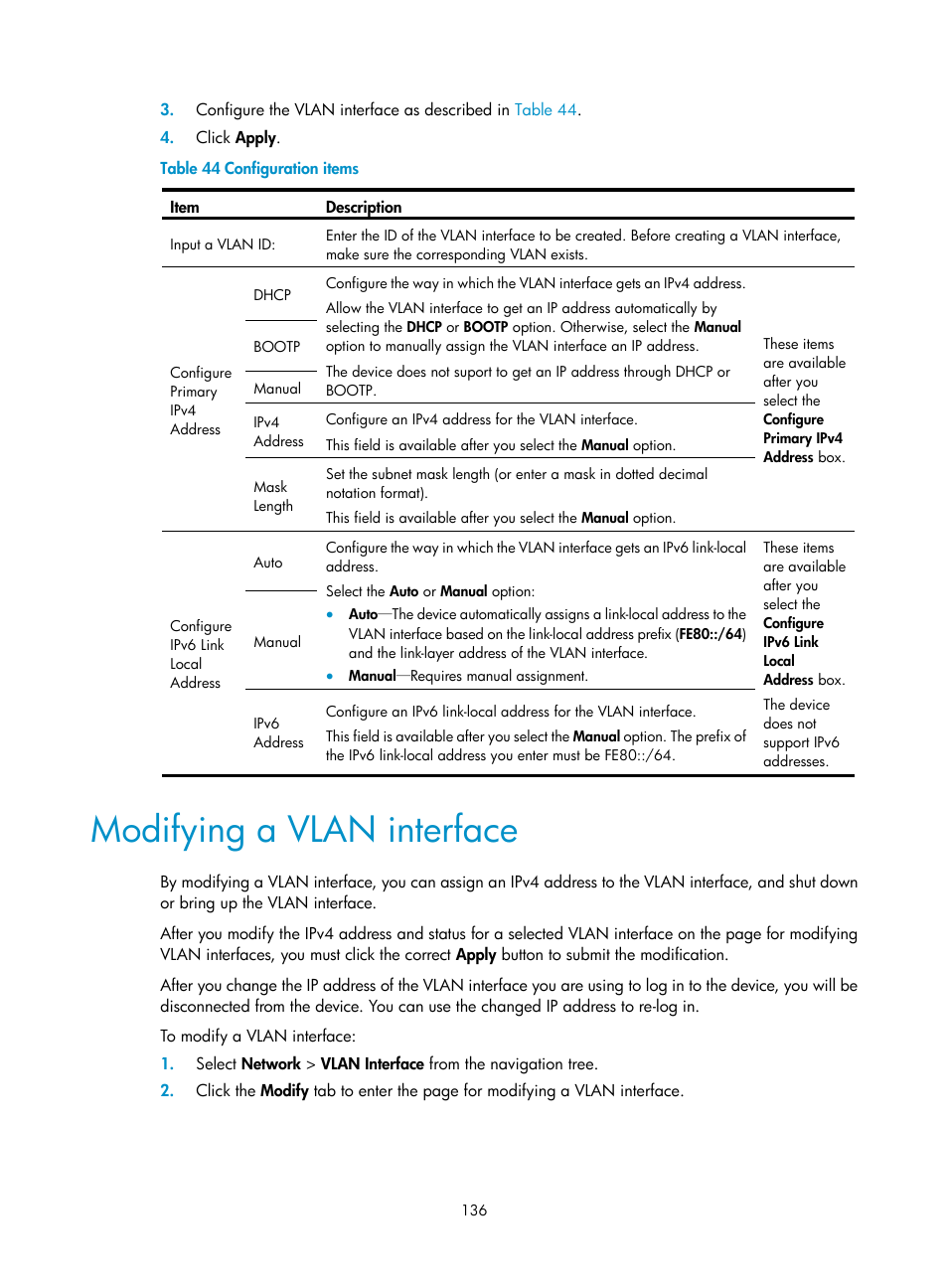 Modifying a vlan interface | H3C Technologies H3C WX5500E Series Access Controllers User Manual | Page 146 / 254