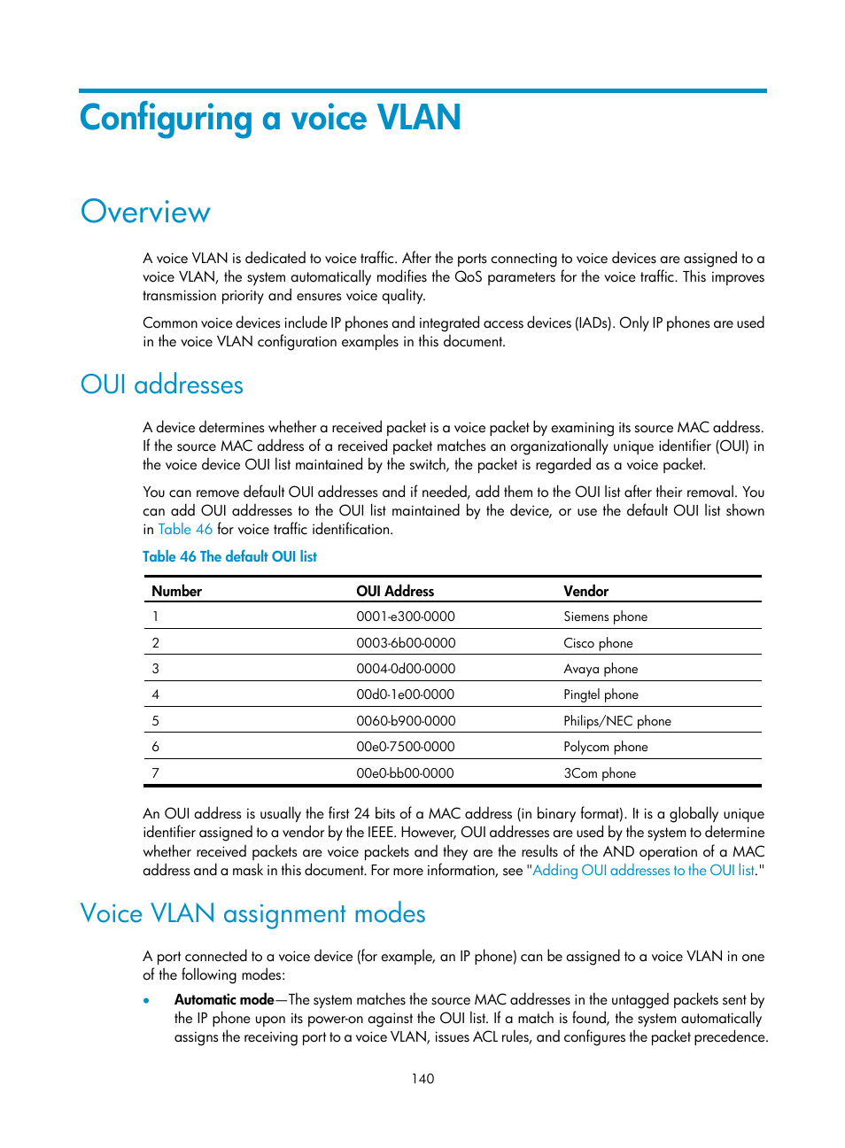 Configuring a voice vlan, Overview, Oui addresses | Voice vlan assignment modes | H3C Technologies H3C WX5500E Series Access Controllers User Manual | Page 150 / 254