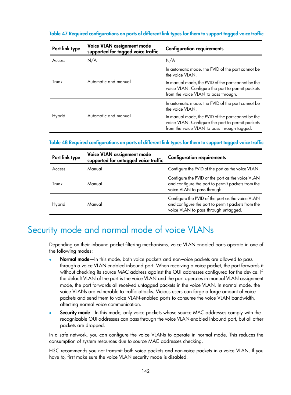 Security mode and normal mode of voice vlans, Table 47, Table 48 | H3C Technologies H3C WX5500E Series Access Controllers User Manual | Page 152 / 254