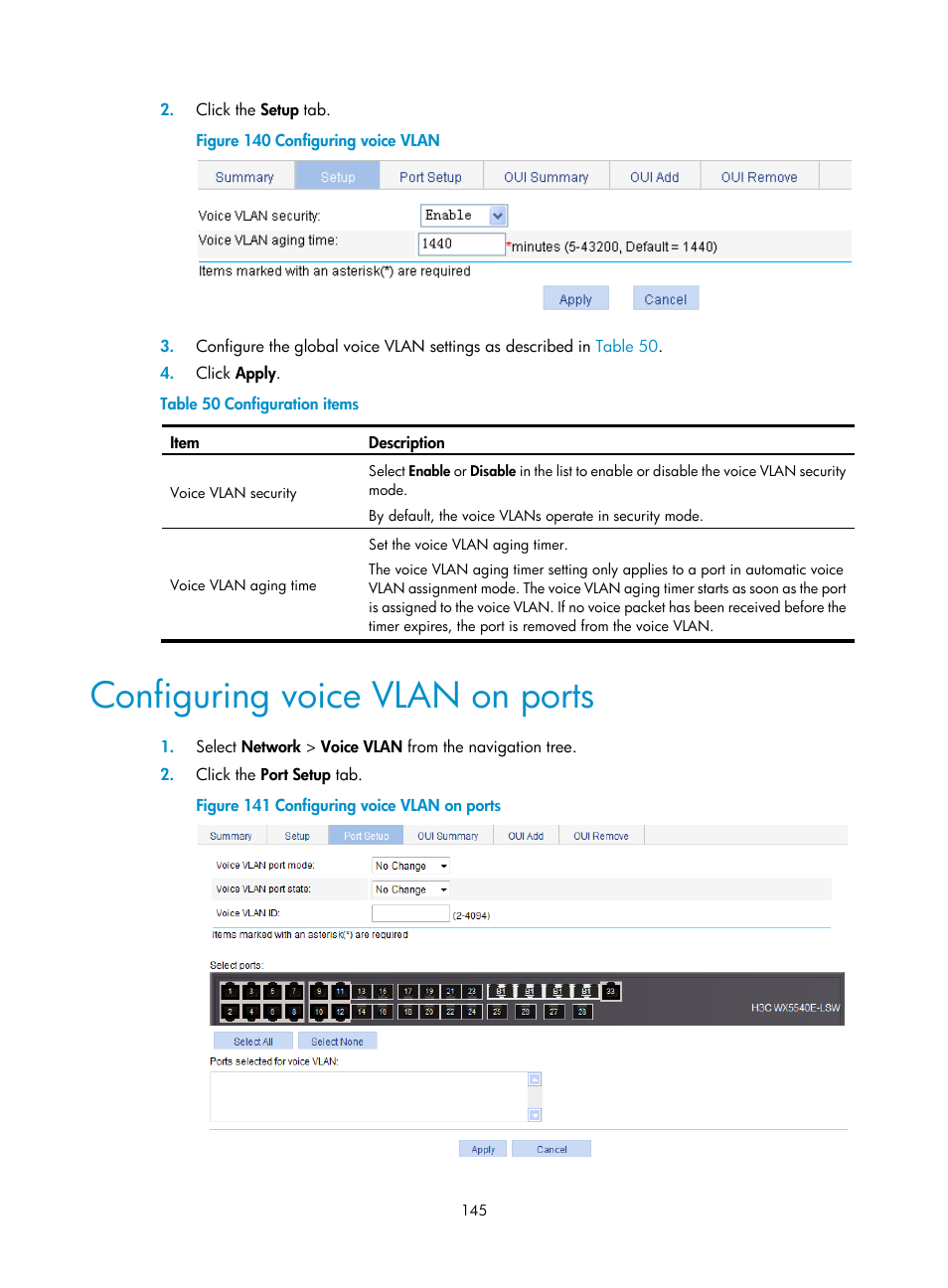 Configuring voice vlan on ports, Configuring voice vlan on, Ports | Configuring voice vlan, On ports | H3C Technologies H3C WX5500E Series Access Controllers User Manual | Page 155 / 254