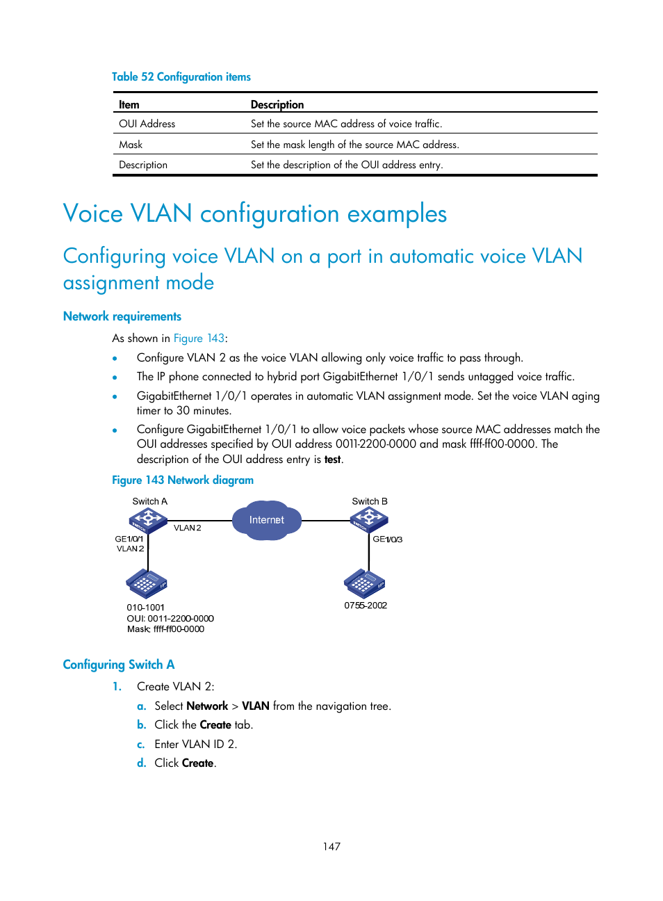 Voice vlan configuration examples, Network requirements, Configuring switch a | H3C Technologies H3C WX5500E Series Access Controllers User Manual | Page 157 / 254