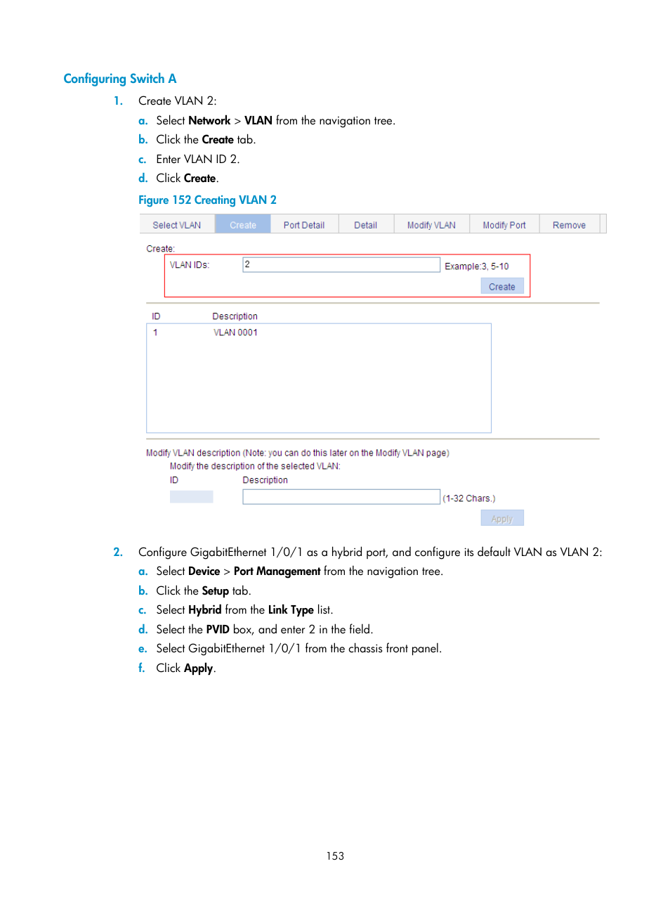 Configuring switch a | H3C Technologies H3C WX5500E Series Access Controllers User Manual | Page 163 / 254