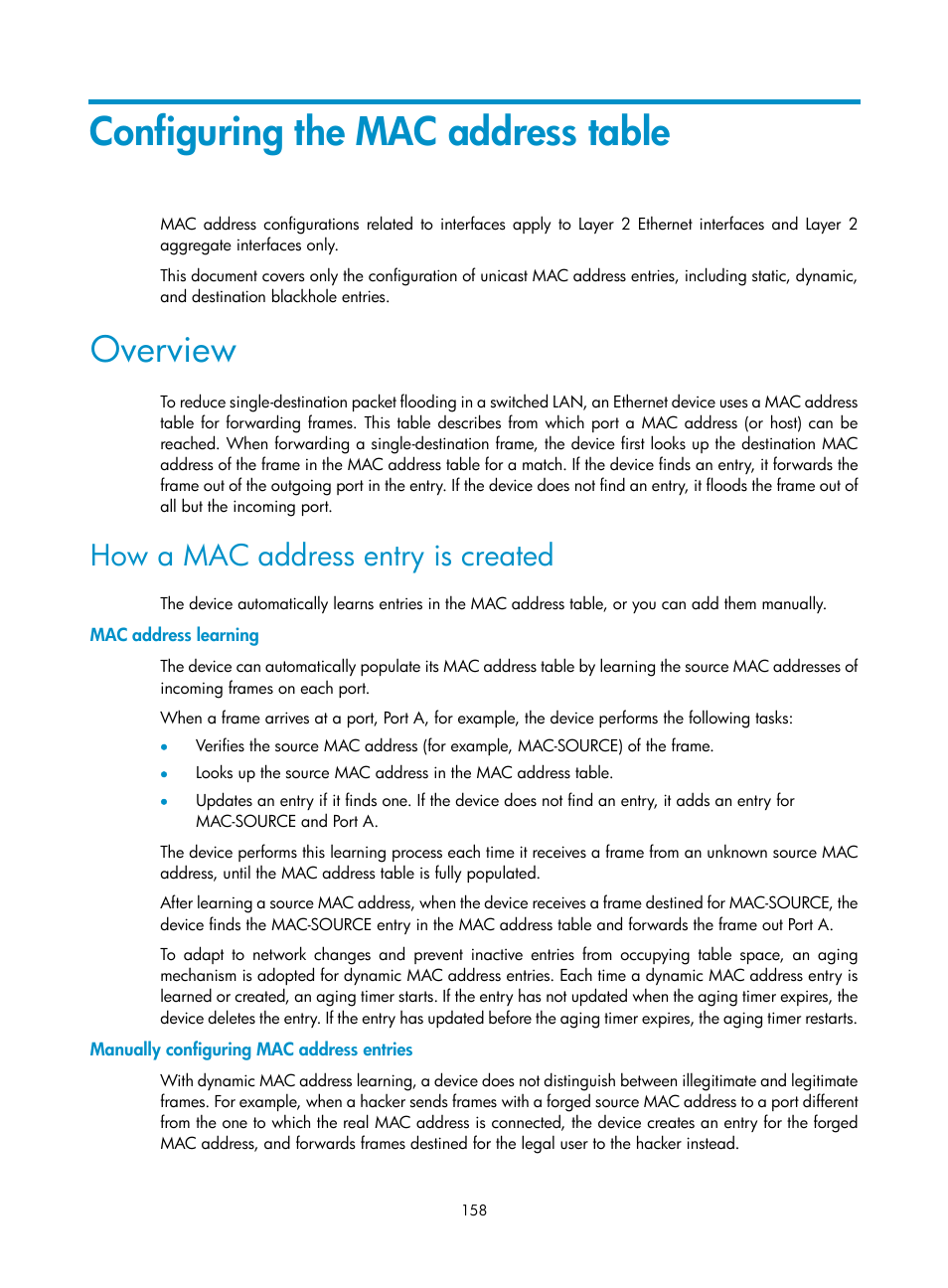Configuring the mac address table, Overview, How a mac address entry is created | Mac address learning, Manually configuring mac address entries | H3C Technologies H3C WX5500E Series Access Controllers User Manual | Page 168 / 254