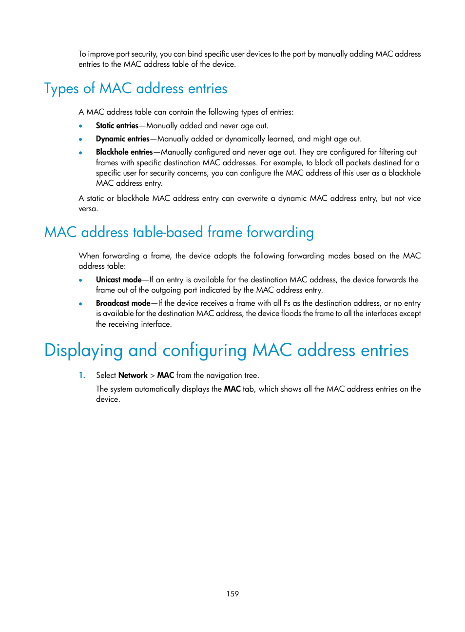 Types of mac address entries, Mac address table-based frame forwarding, Displaying and configuring mac address entries | H3C Technologies H3C WX5500E Series Access Controllers User Manual | Page 169 / 254