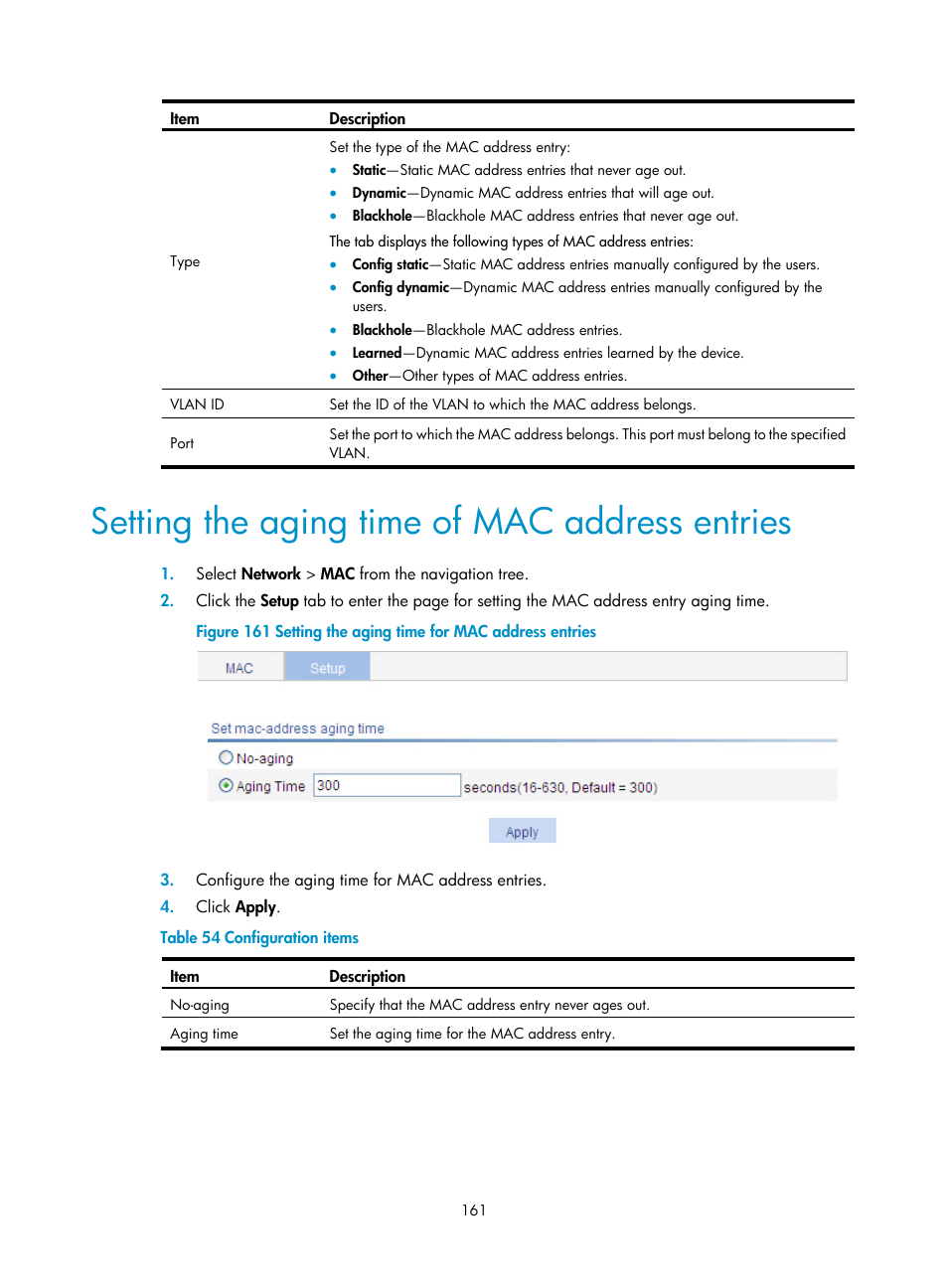 Setting the aging time of mac address entries | H3C Technologies H3C WX5500E Series Access Controllers User Manual | Page 171 / 254