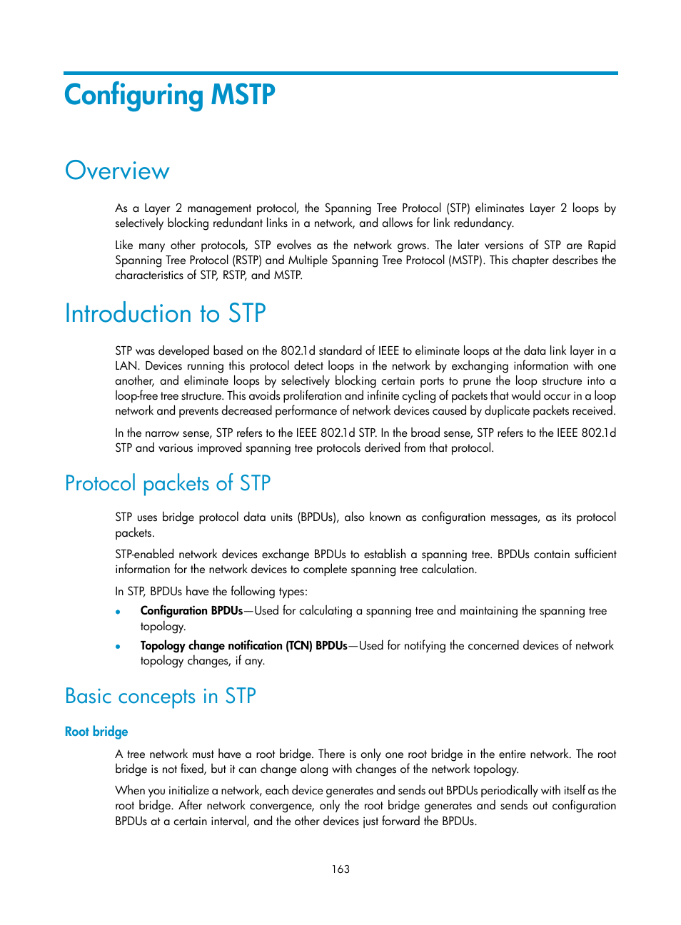 Configuring mstp, Overview, Introduction to stp | Protocol packets of stp, Basic concepts in stp, Root bridge | H3C Technologies H3C WX5500E Series Access Controllers User Manual | Page 173 / 254