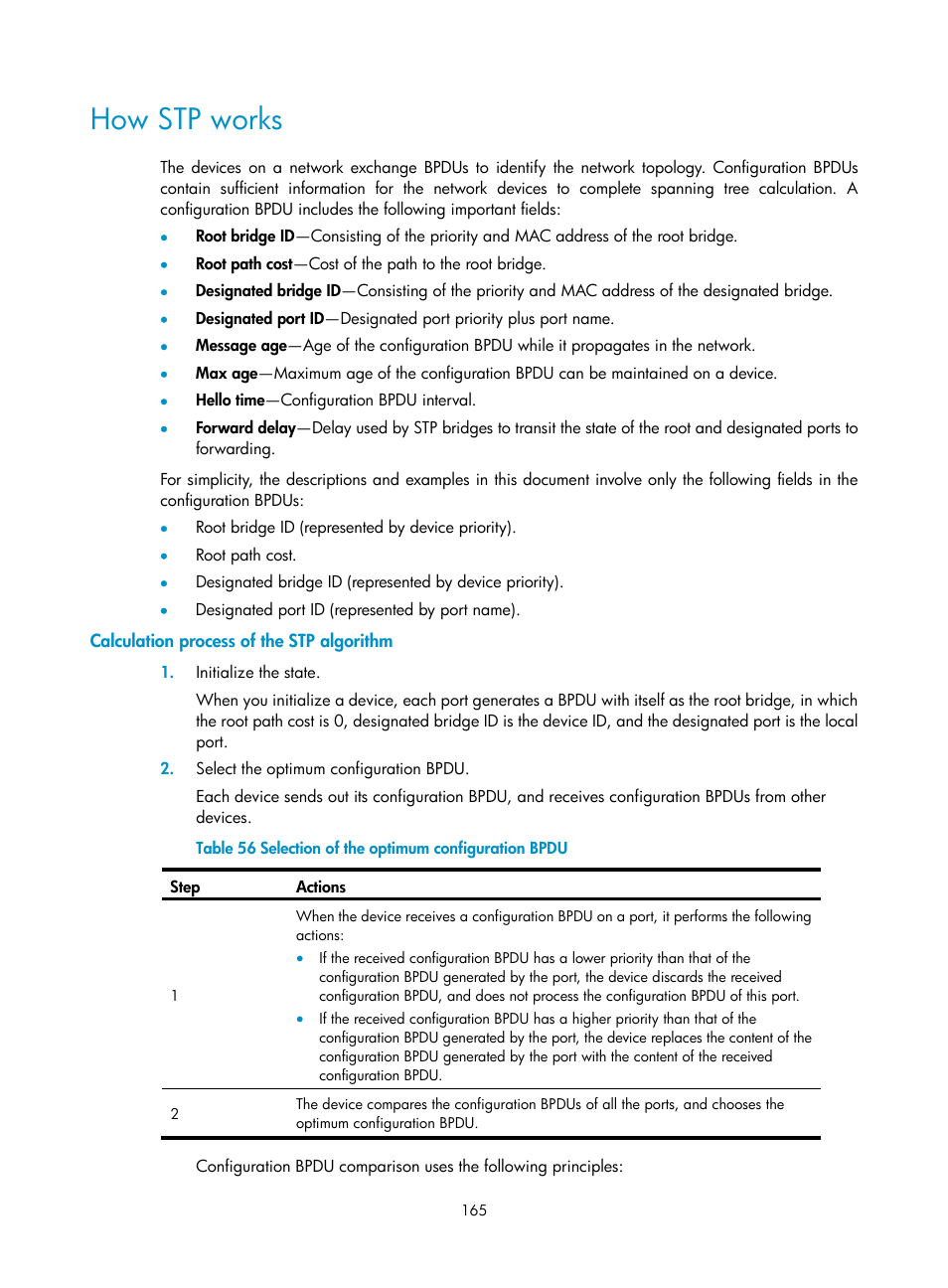 How stp works, Calculation process of the stp algorithm | H3C Technologies H3C WX5500E Series Access Controllers User Manual | Page 175 / 254