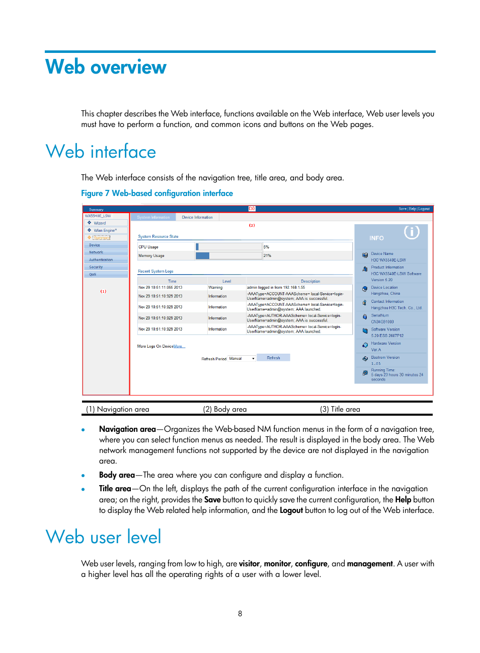 Web overview, Web interface, Web user level | H3C Technologies H3C WX5500E Series Access Controllers User Manual | Page 18 / 254