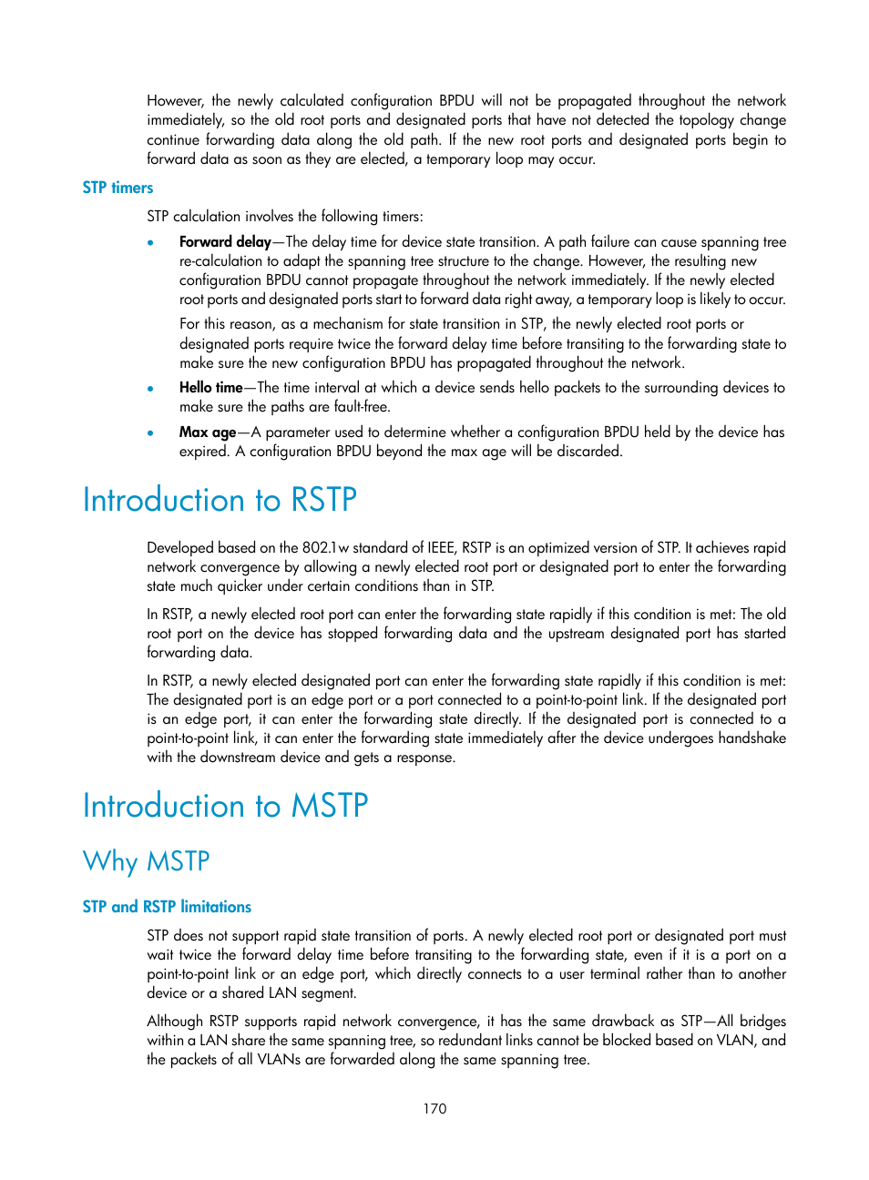 Stp timers, Introduction to rstp, Introduction to mstp | Why mstp, Stp and rstp limitations | H3C Technologies H3C WX5500E Series Access Controllers User Manual | Page 180 / 254