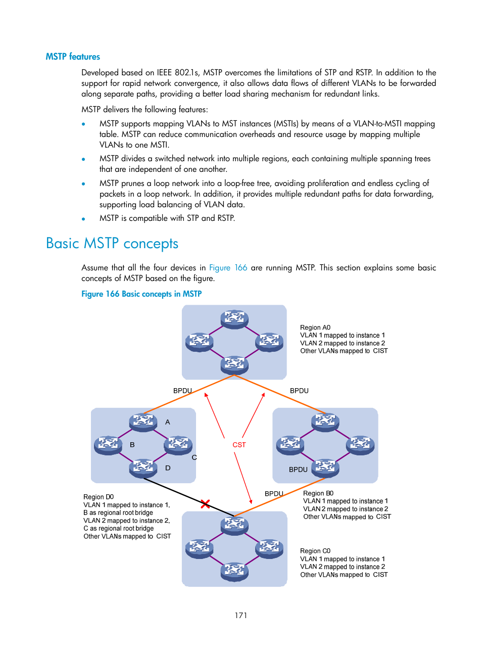 Mstp features, Basic mstp concepts | H3C Technologies H3C WX5500E Series Access Controllers User Manual | Page 181 / 254