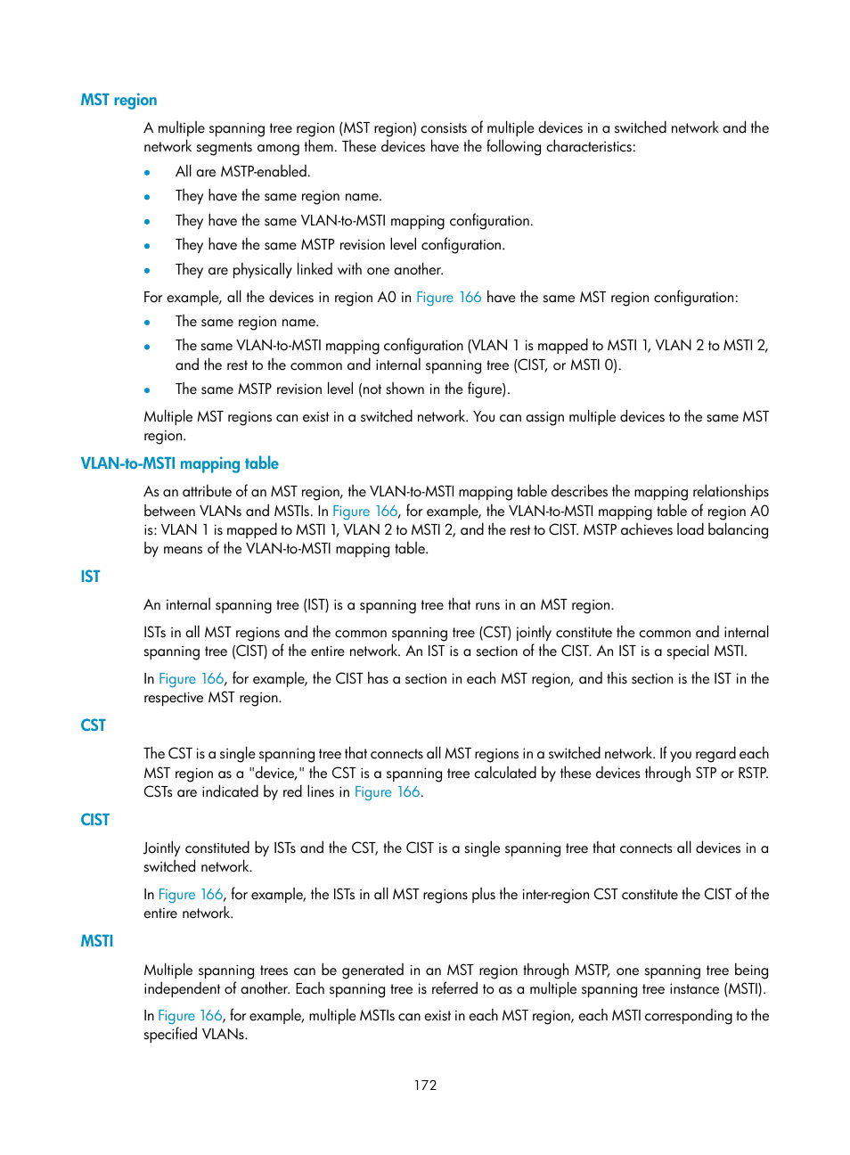Mst region, Vlan-to-msti mapping table, Cist | Msti | H3C Technologies H3C WX5500E Series Access Controllers User Manual | Page 182 / 254