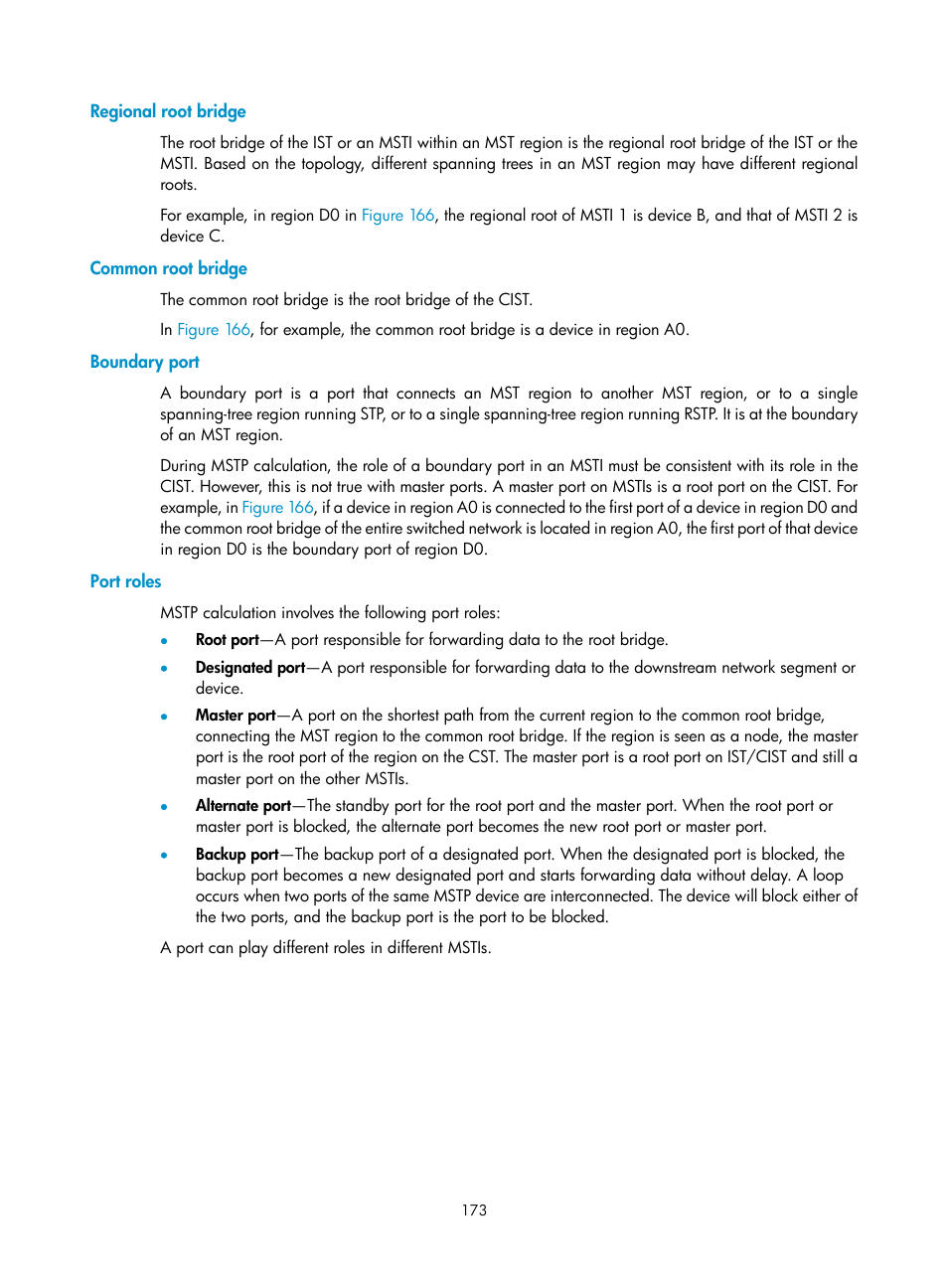 Regional root bridge, Common root bridge, Boundary port | Port roles | H3C Technologies H3C WX5500E Series Access Controllers User Manual | Page 183 / 254