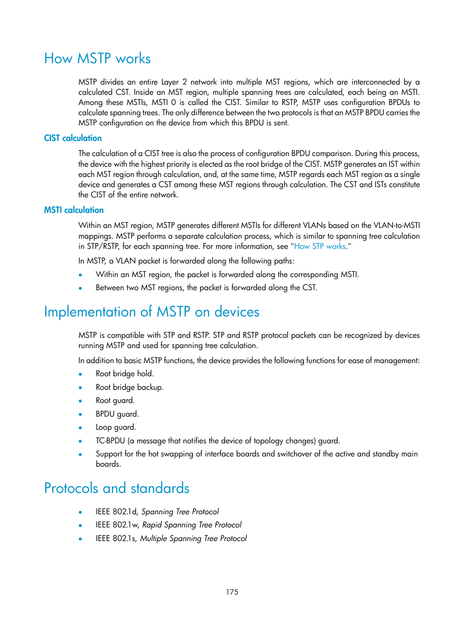 How mstp works, Cist calculation, Msti calculation | Implementation of mstp on devices, Protocols and standards | H3C Technologies H3C WX5500E Series Access Controllers User Manual | Page 185 / 254