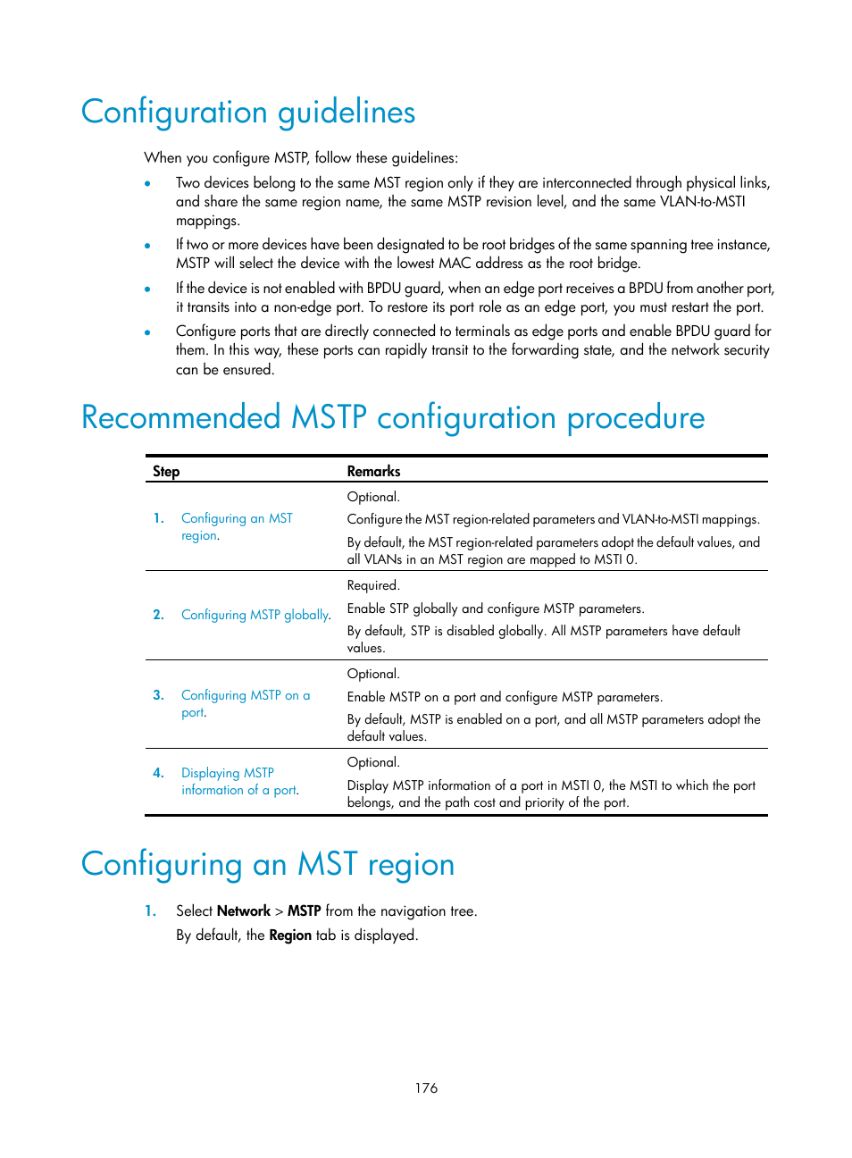 Configuration guidelines, Recommended mstp configuration procedure, Configuring an mst region | H3C Technologies H3C WX5500E Series Access Controllers User Manual | Page 186 / 254