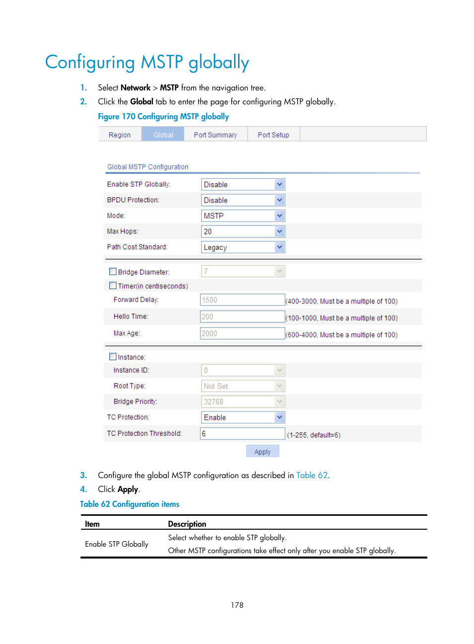 Configuring mstp globally | H3C Technologies H3C WX5500E Series Access Controllers User Manual | Page 188 / 254