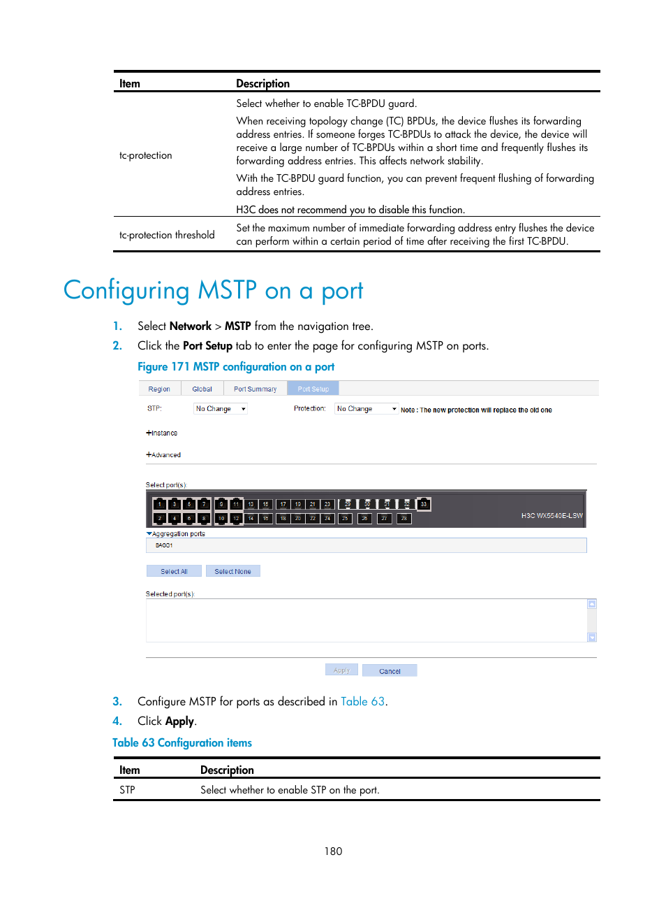 Configuring mstp on a port, Configuring mstp on a, Port | H3C Technologies H3C WX5500E Series Access Controllers User Manual | Page 190 / 254