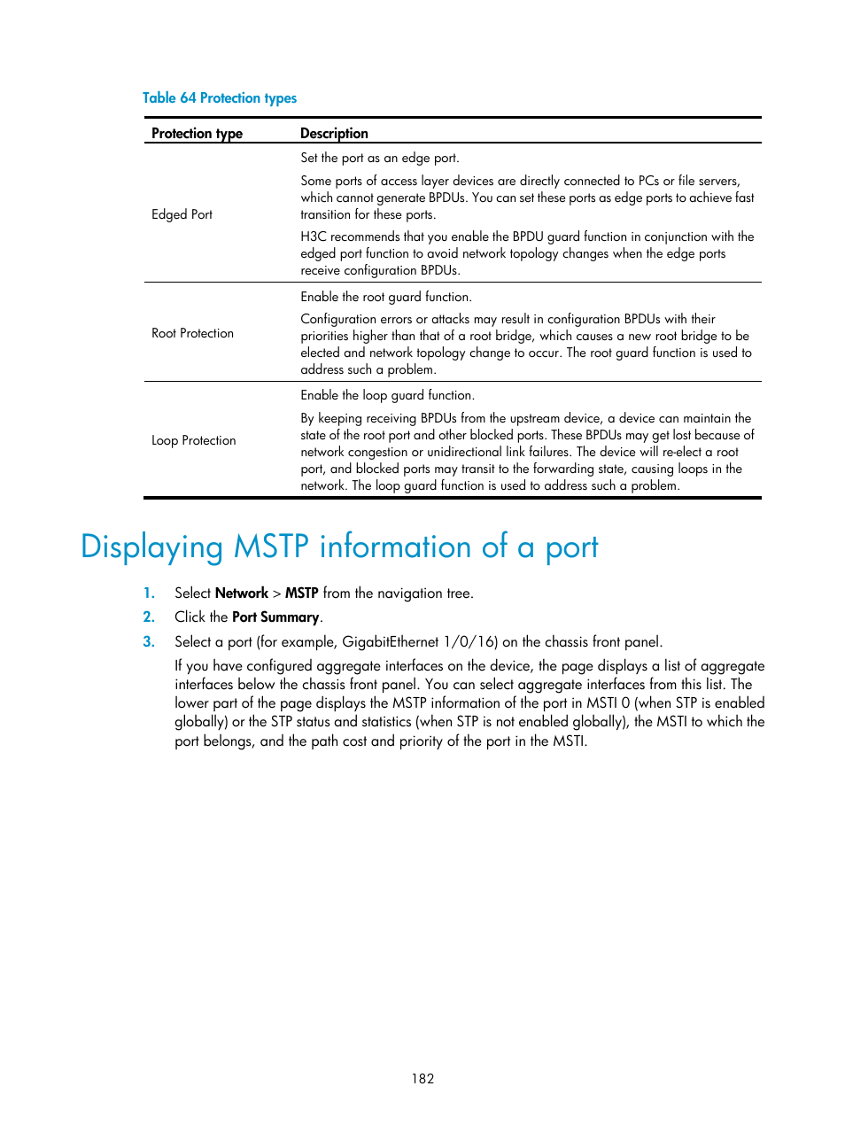 Displaying mstp information of a port, Displaying mstp, Information of a port | H3C Technologies H3C WX5500E Series Access Controllers User Manual | Page 192 / 254